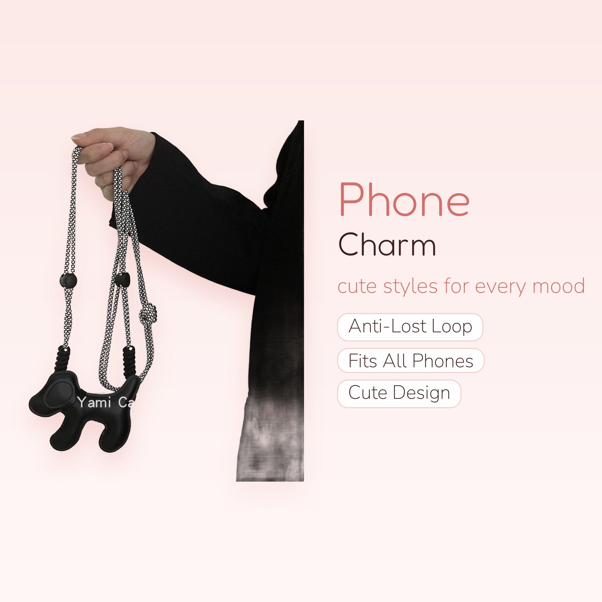 Black Doggy Phone Charm Lanyard | Aesthetic Adjustable Crossbody Strap