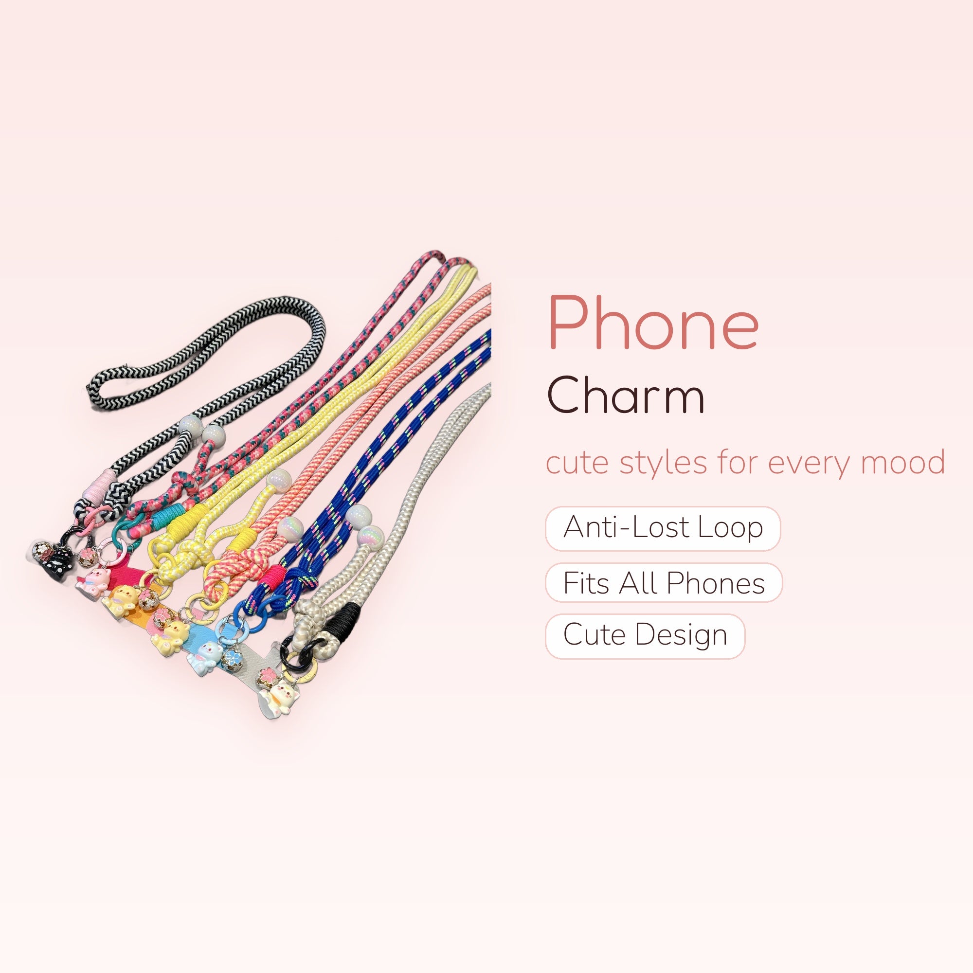 Colorful Braided Rope Phone Charm Lanyard | Cute Kitty & Floral Bead Wrist Strap