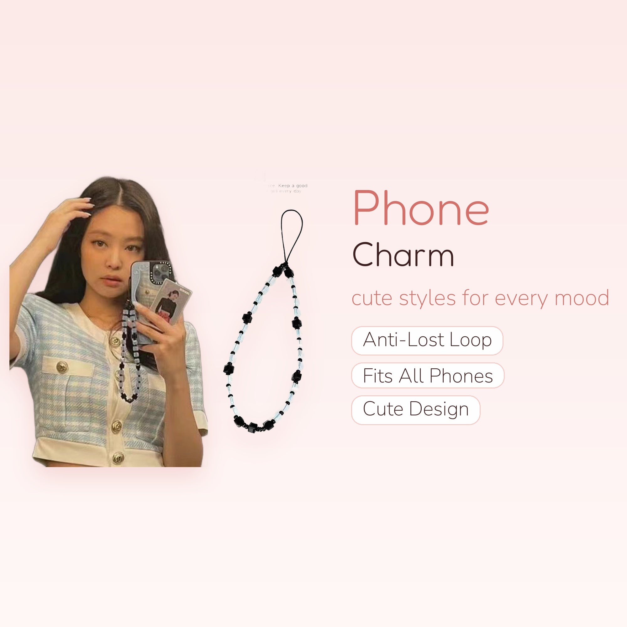 Aesthetic Black & White Beaded Phone Charm Strap | Cute Geometric Wrist Lanyard