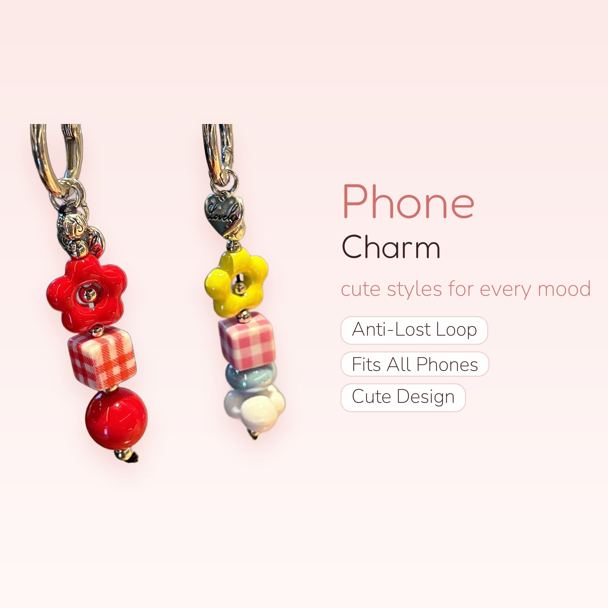 Cute Flower & Plaid Bead Phone Charm | Y2K Aesthetic Dangle Strap