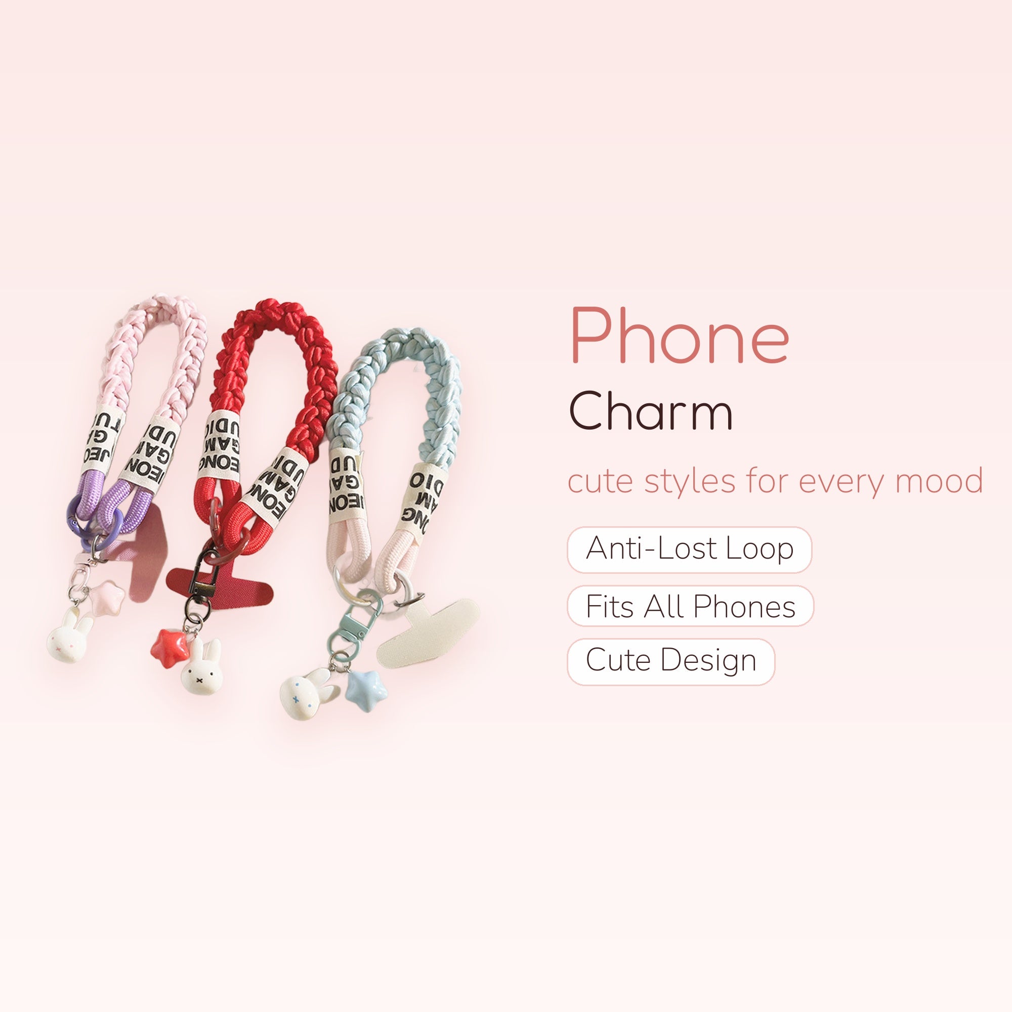 Kawaii Braided Wrist Phone Charm Strap | Cute Bunny & Star Lanyard