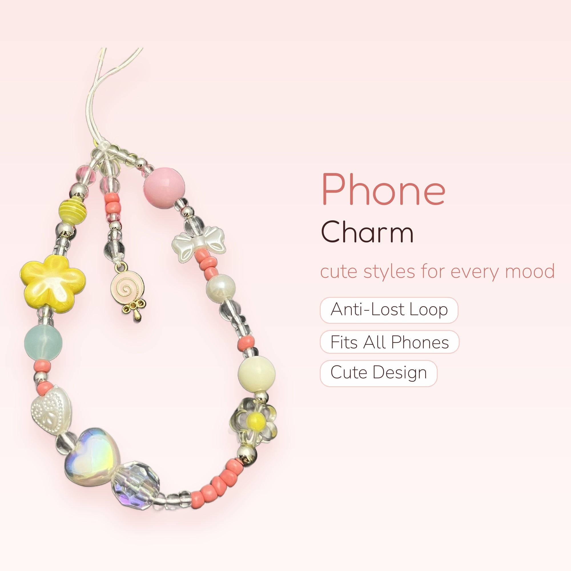 Kawaii Pastel Beaded Phone Charm Strap | Cute Y2K Wrist Lanyard