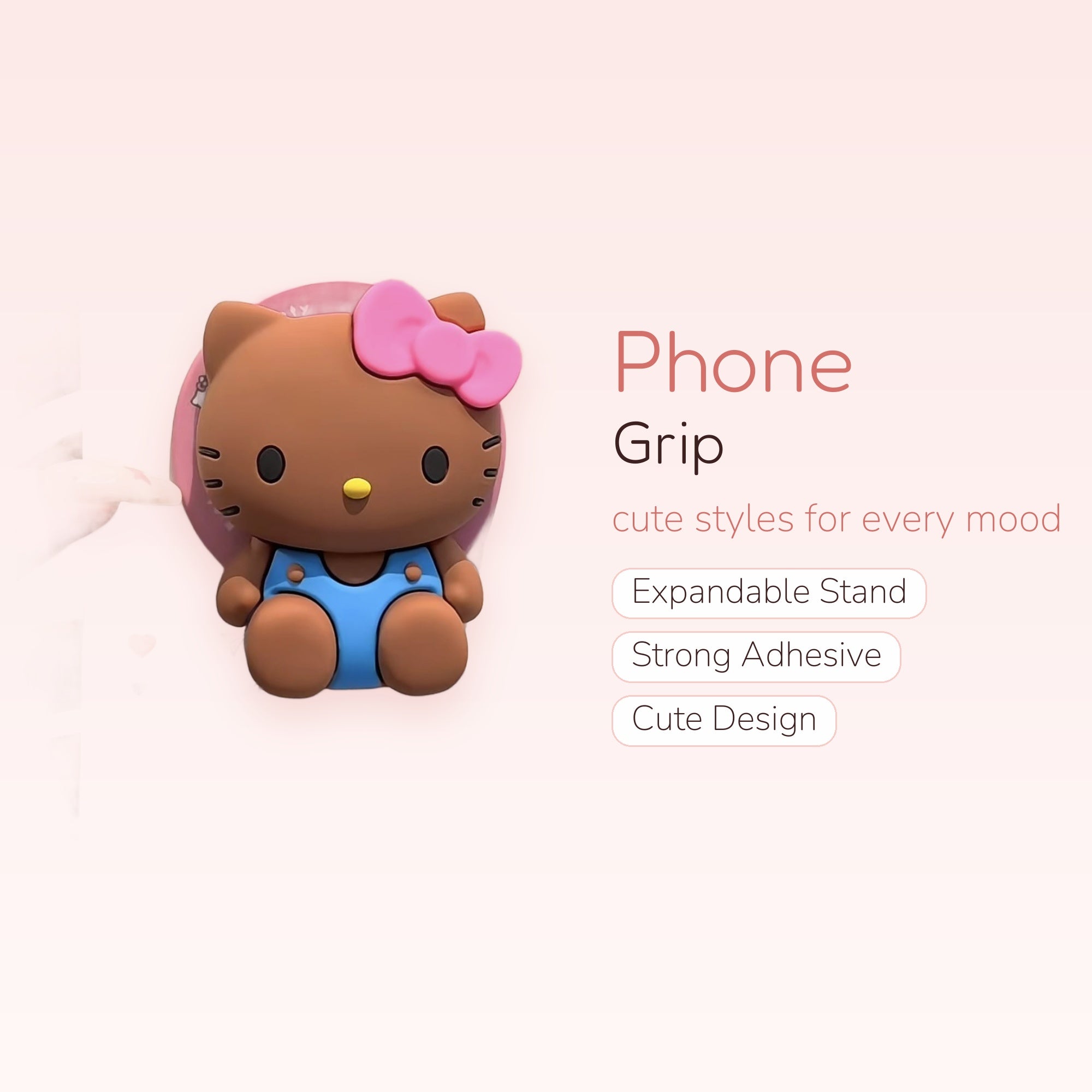 Kawaii Brown Hello Kitty Phone Grip | Cute Pink Bow Pop Socket Stand