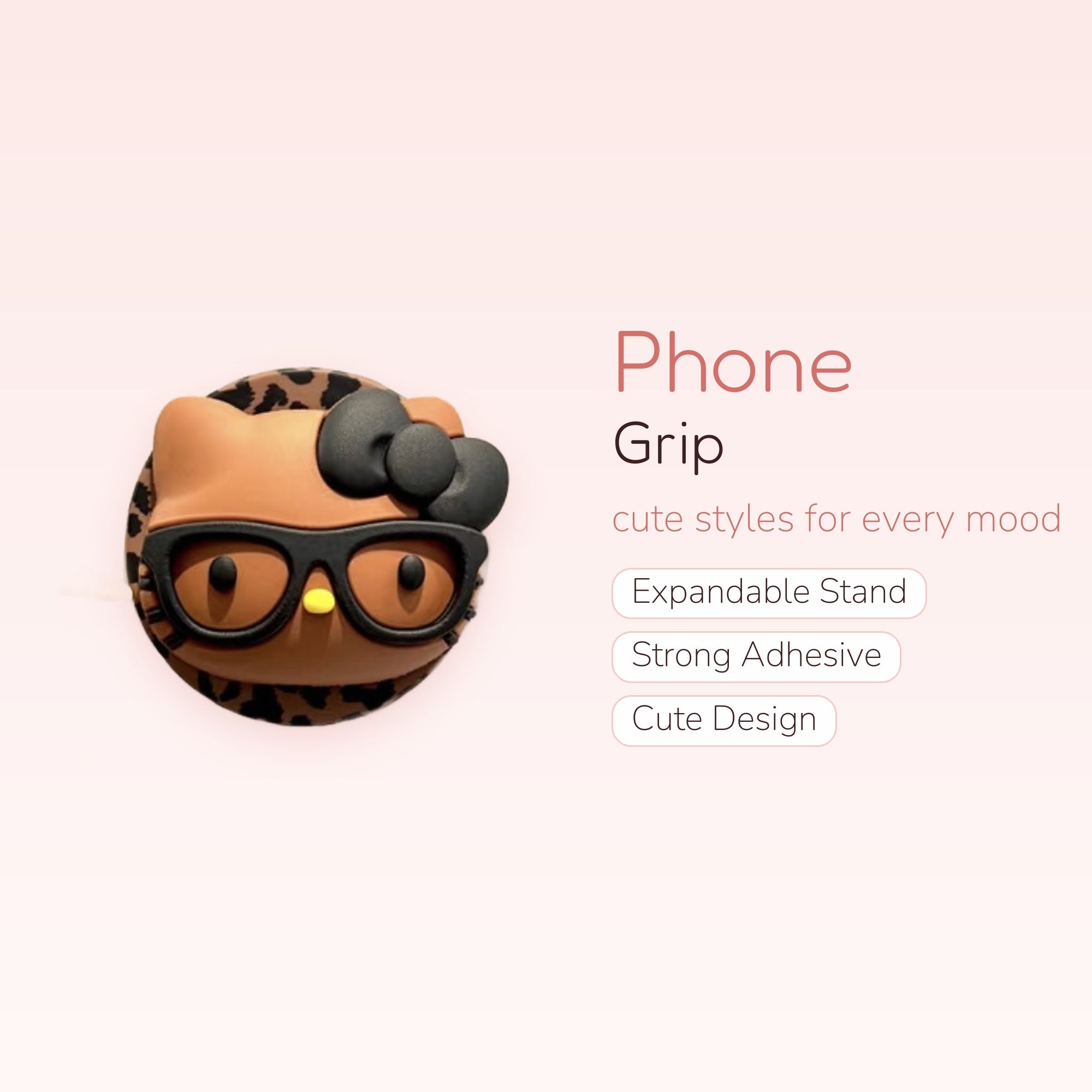 Cute Hello Kitty Leopard Print Phone Grip | Kawaii Brown Pop Socket Stand with Glasses