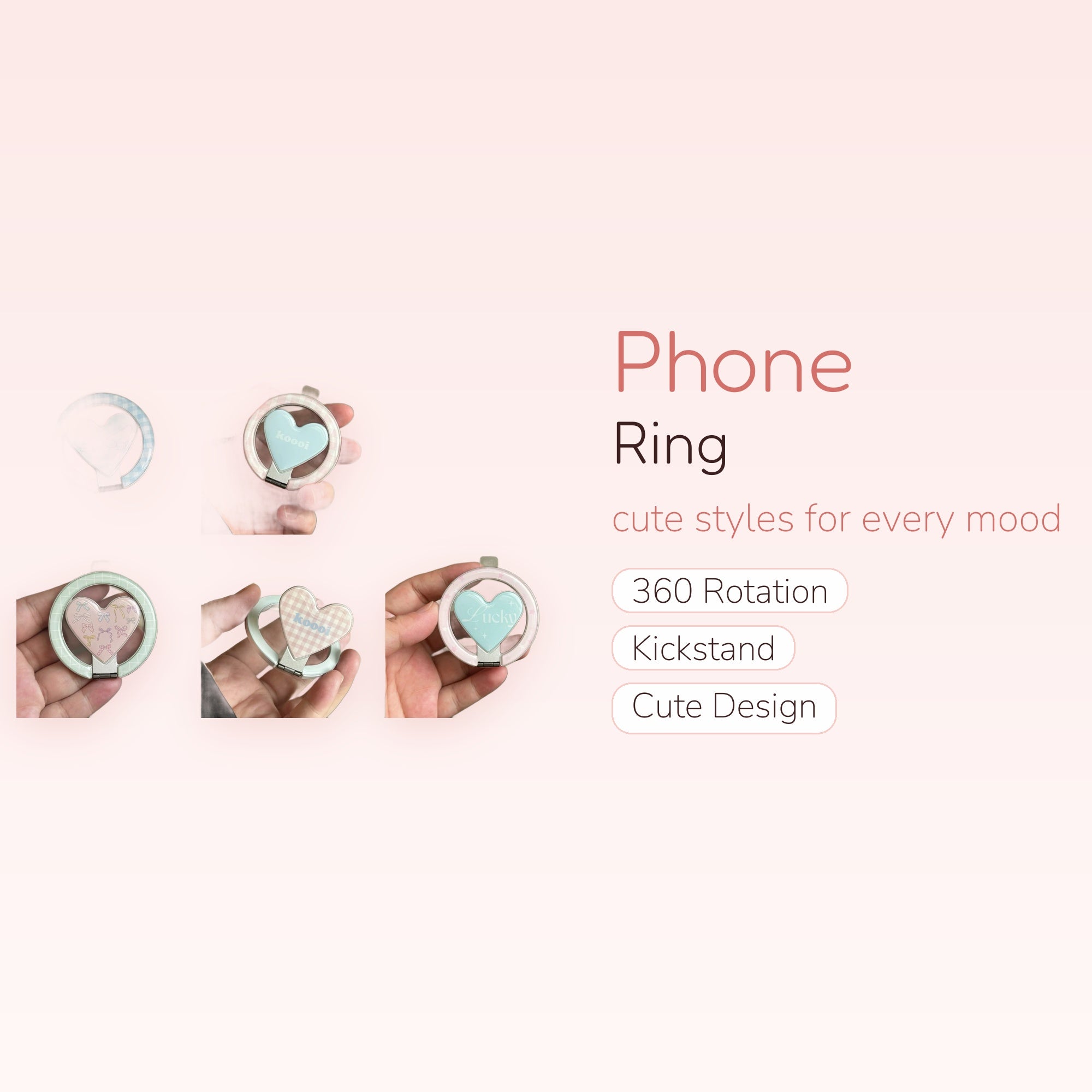 Kawaii Pastel Heart Phone Ring | Cute Gingham Bow Star Finger Holder Kickstand