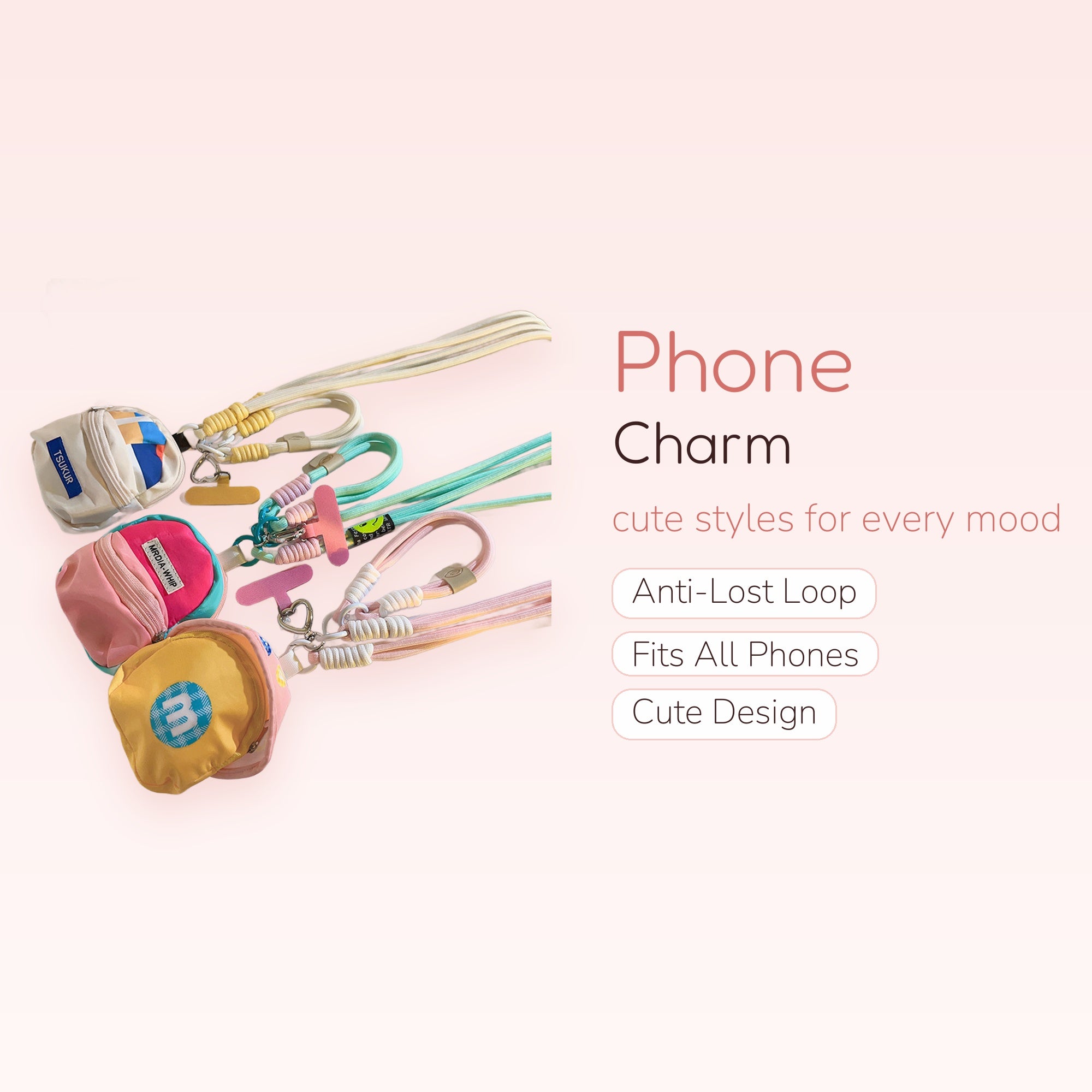 Pastel Braided Lanyard Phone Charm with Mini Bag | Cute Wrist Strap with Heart Hook