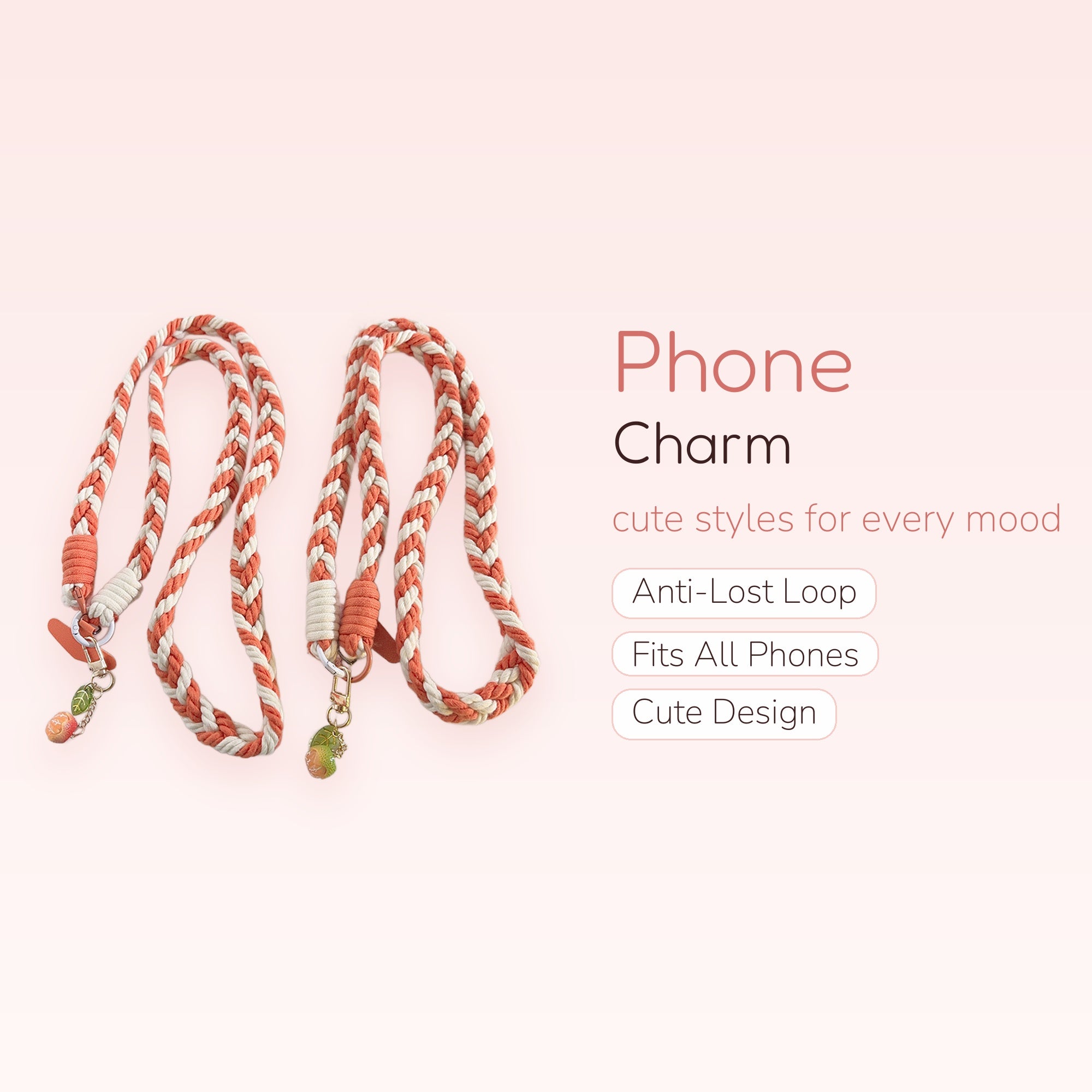 Braided Peach & Cream Phone Lanyard | Cute Fruit Charm Wrist Strap
