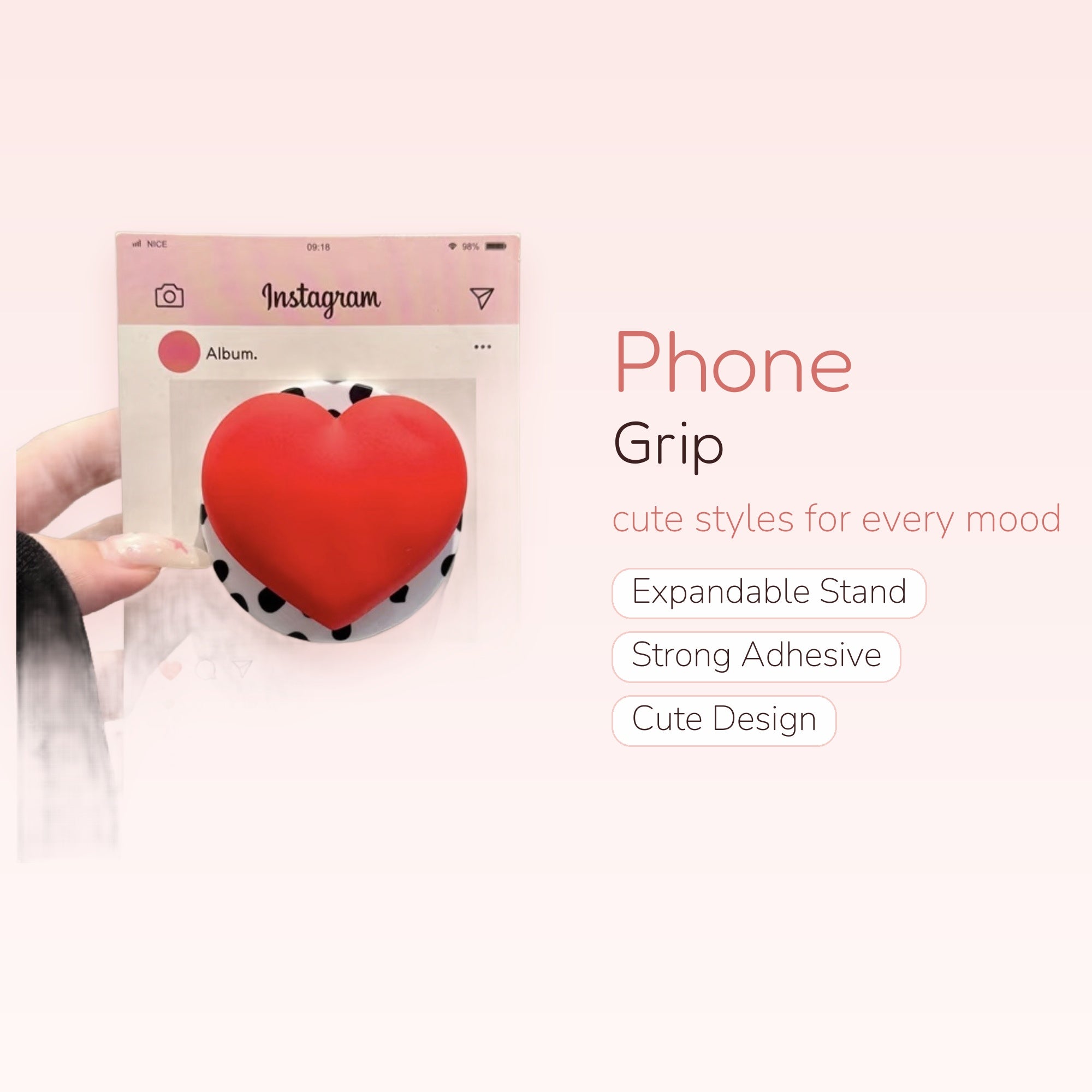 Red Heart Instagram Pop Socket Phone Grip | Kawaii Black & White Polka Dot Stand