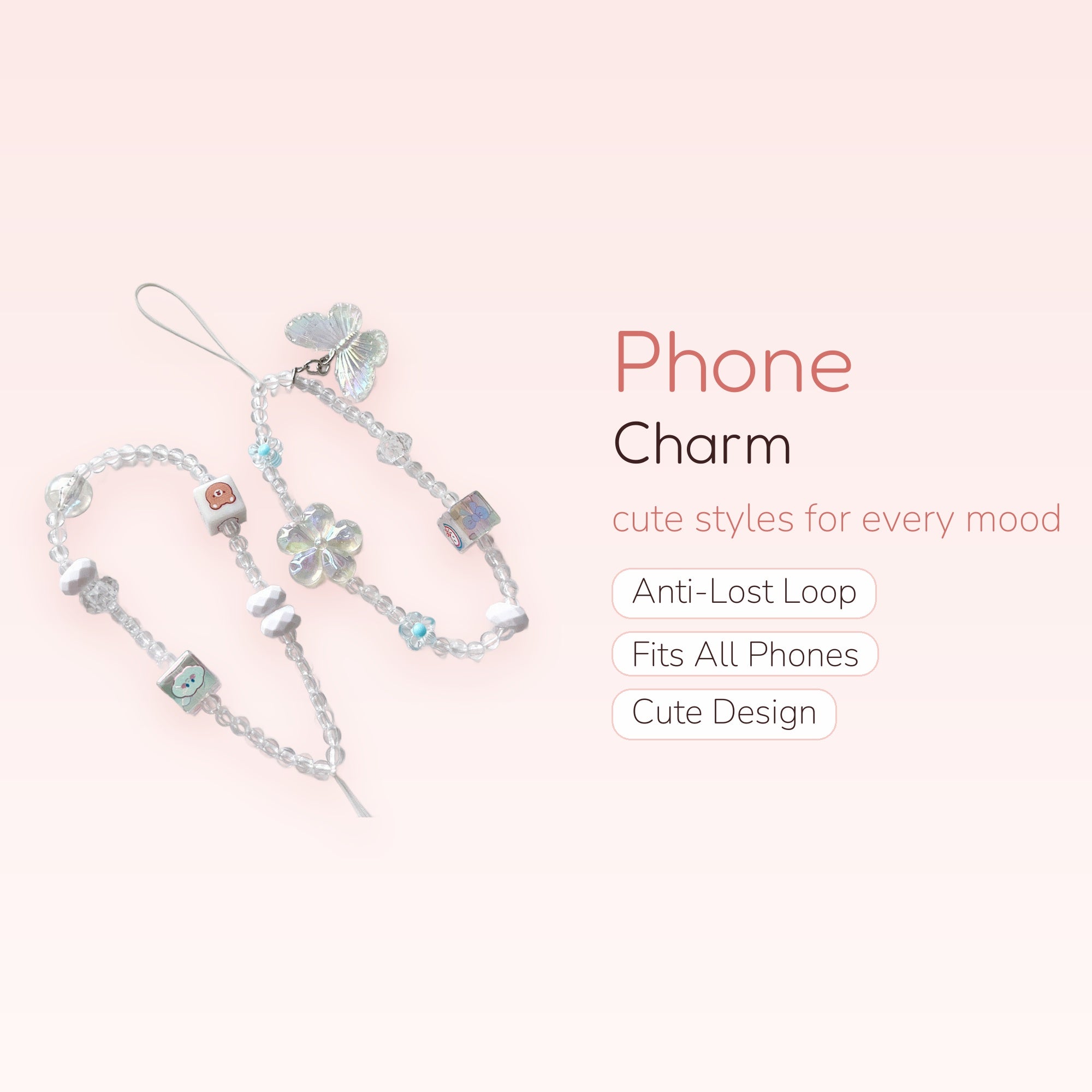 Iridescent Butterfly & Flower Phone Charm Strap | Cute Clear Beaded Wrist Lanyard