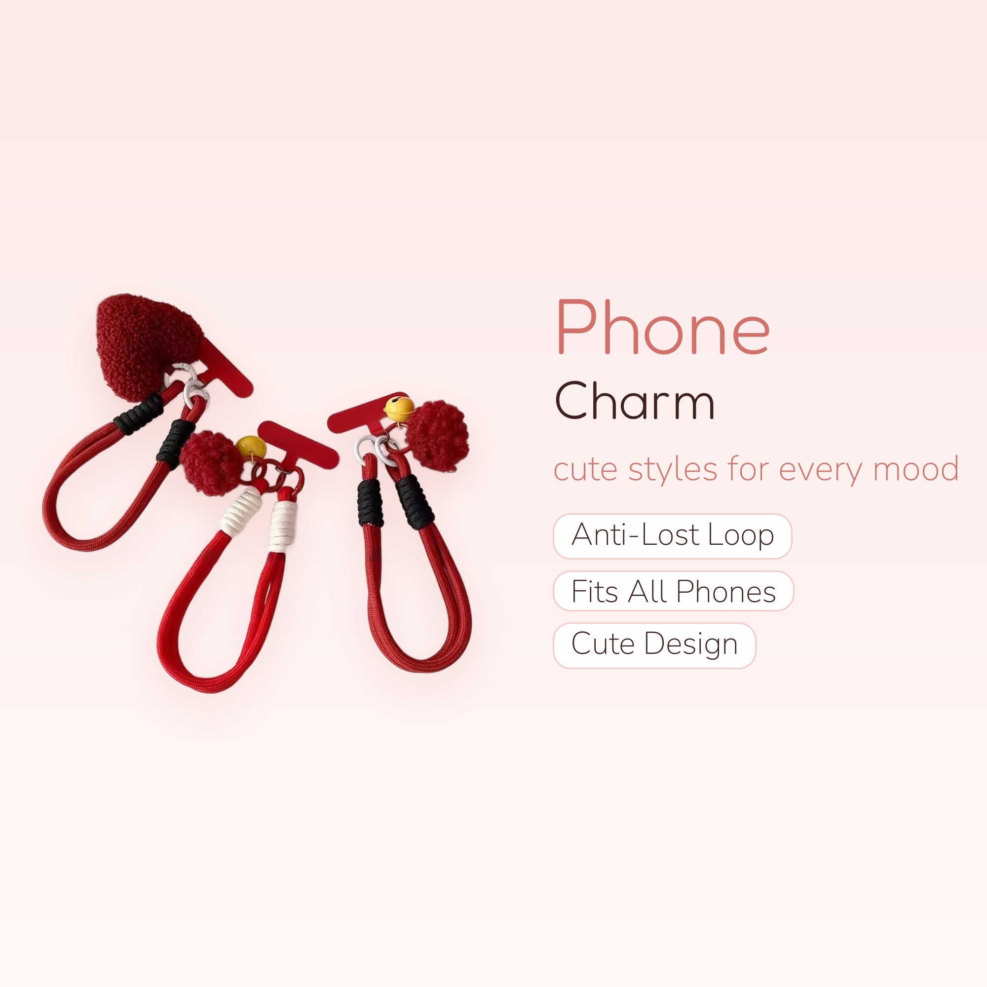 Red Fluffy Heart & Pom Pom Phone Charm | Cute Wrist Strap Lanyard