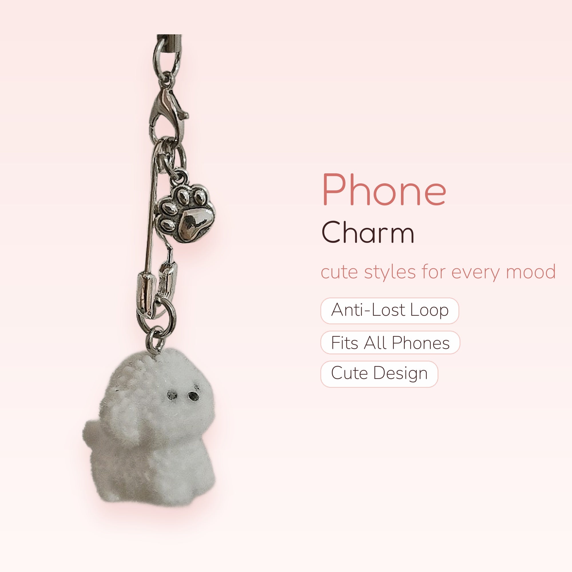 Cute White Fluffy Dog Phone Charm | Kawaii Paw Print Safety Pin Keychain
