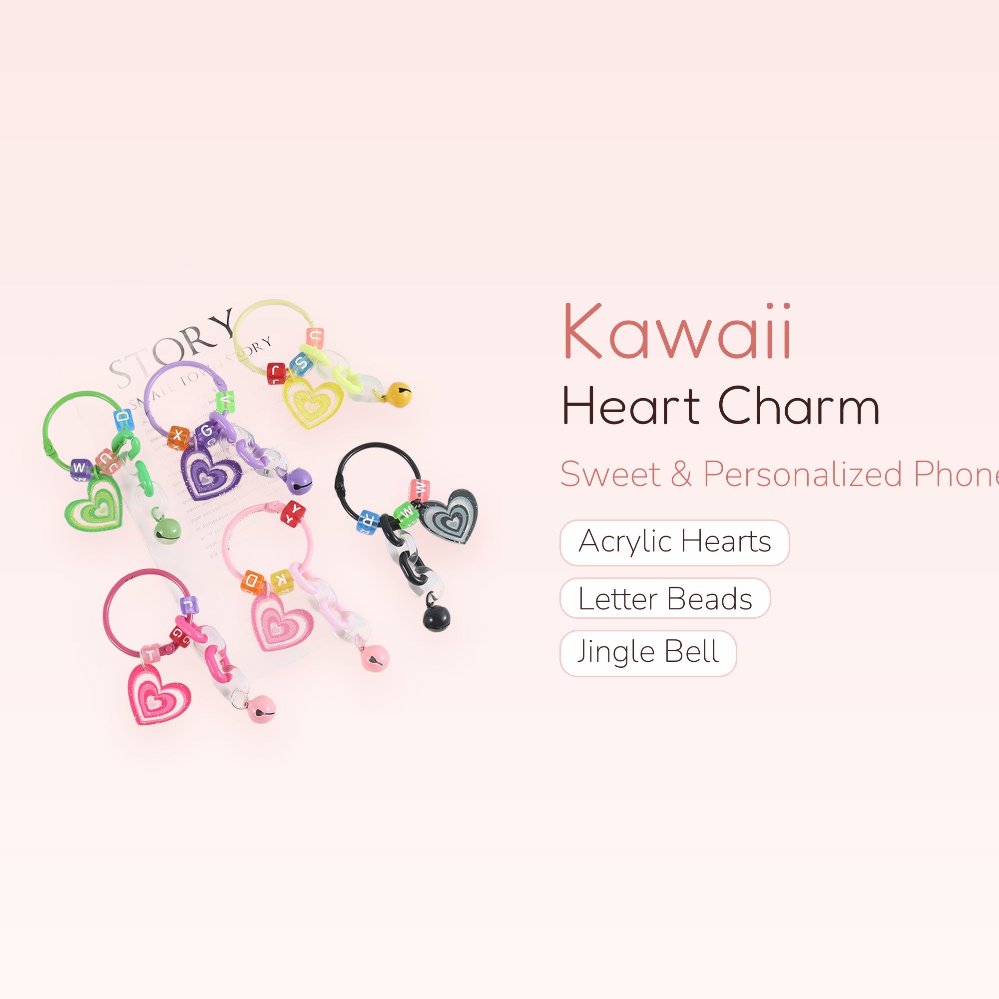 Kawaii Heart Phone Charm Strap with Bell & Letter Beads