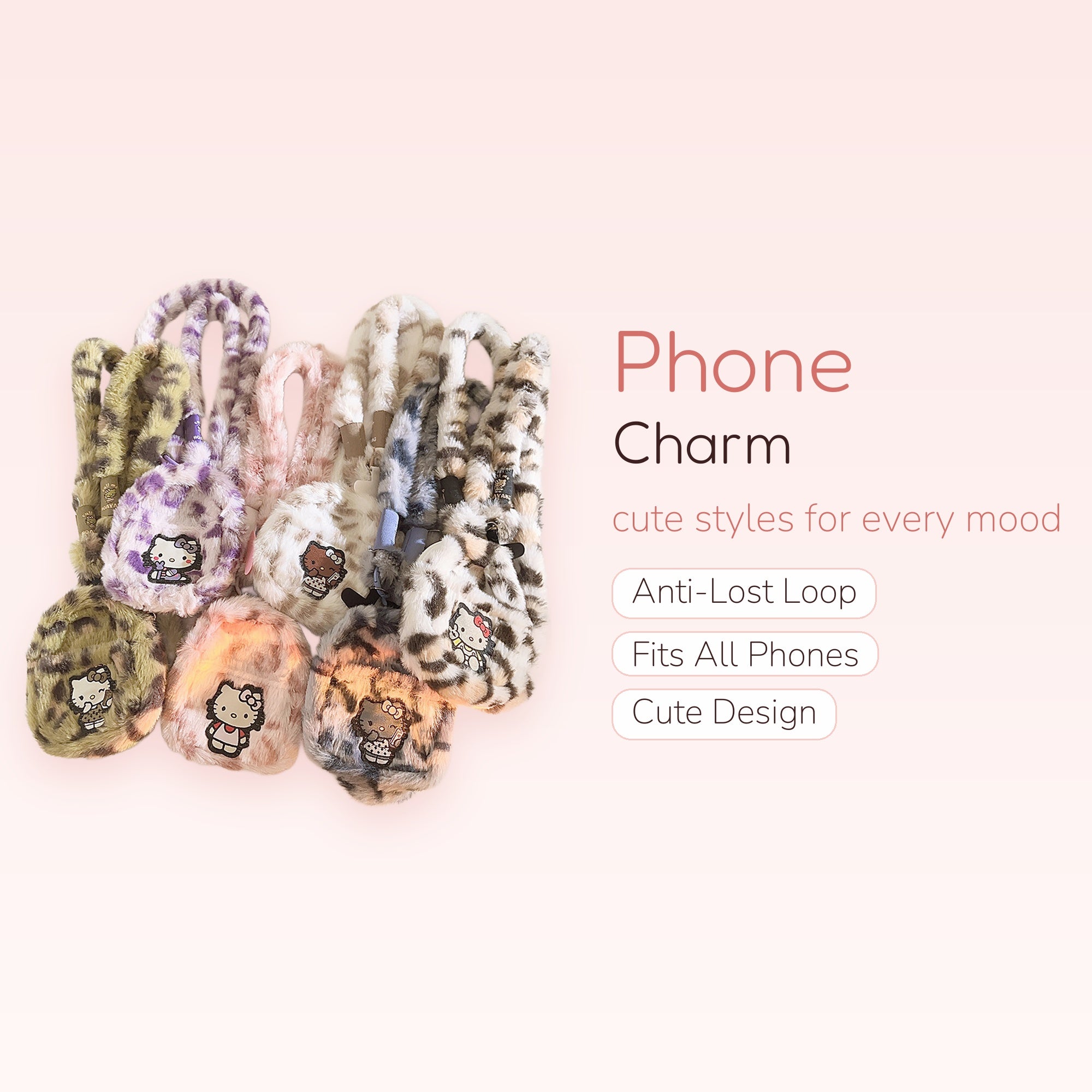 Fluffy Leopard Print Hello Kitty Phone Charm | Cute Faux Fur Wrist Lanyard