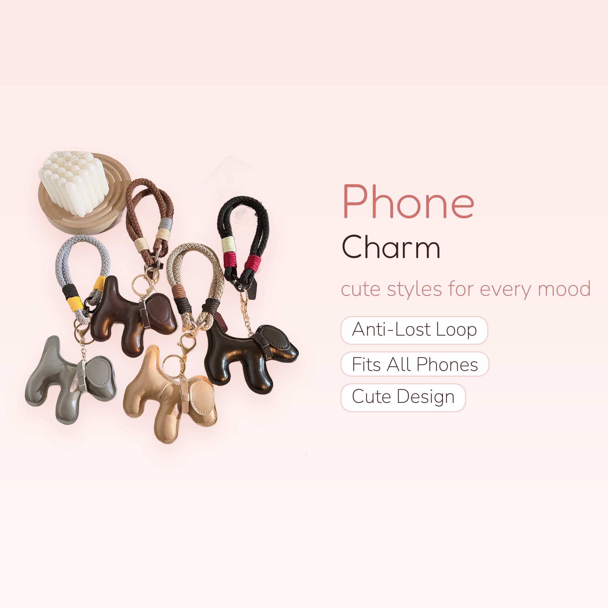 Cute Leather Dog Phone Charm | Braided Wrist Strap Keychain