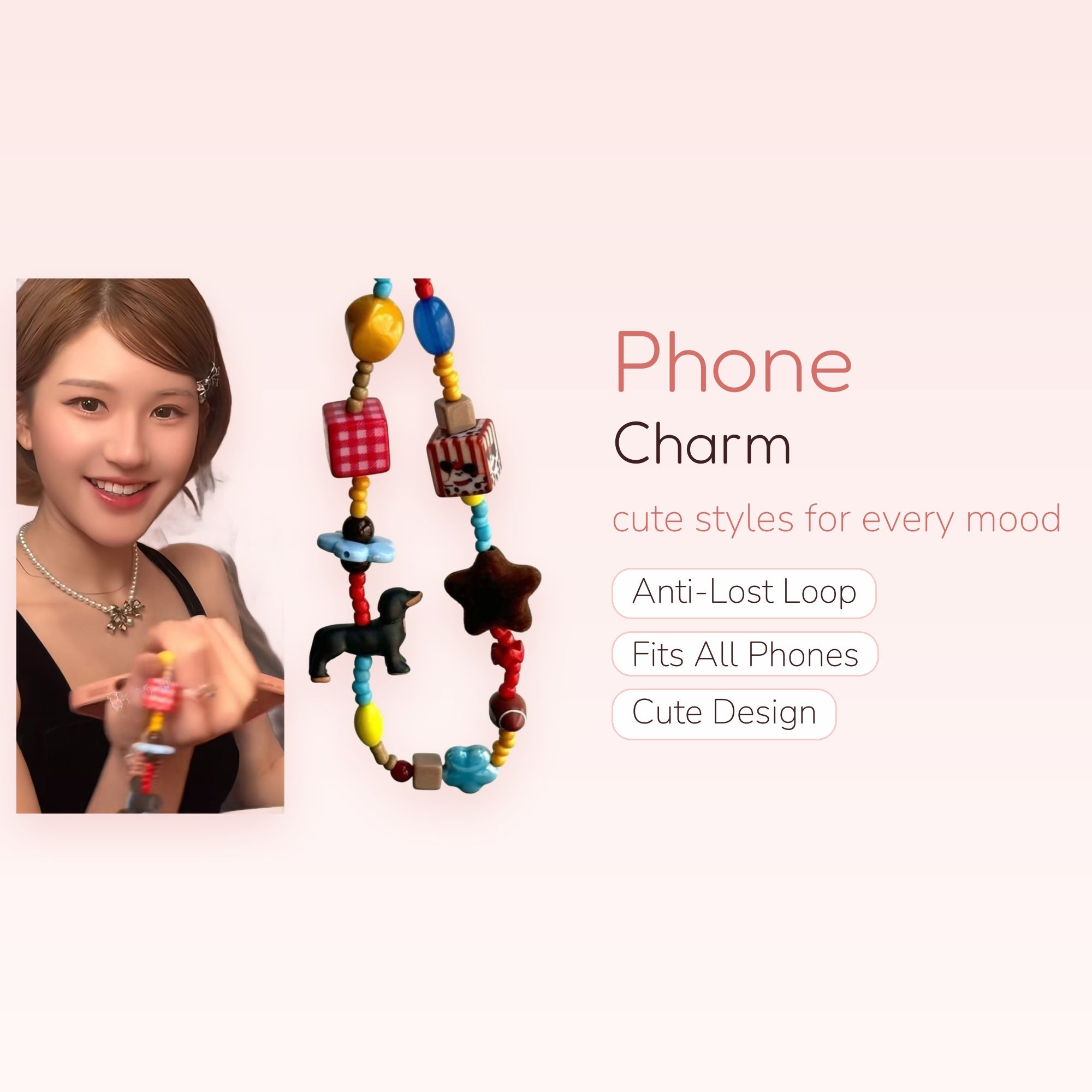 Cute Multi-Color Beaded Phone Charm | Dachshund Dog & Star Keychain Strap