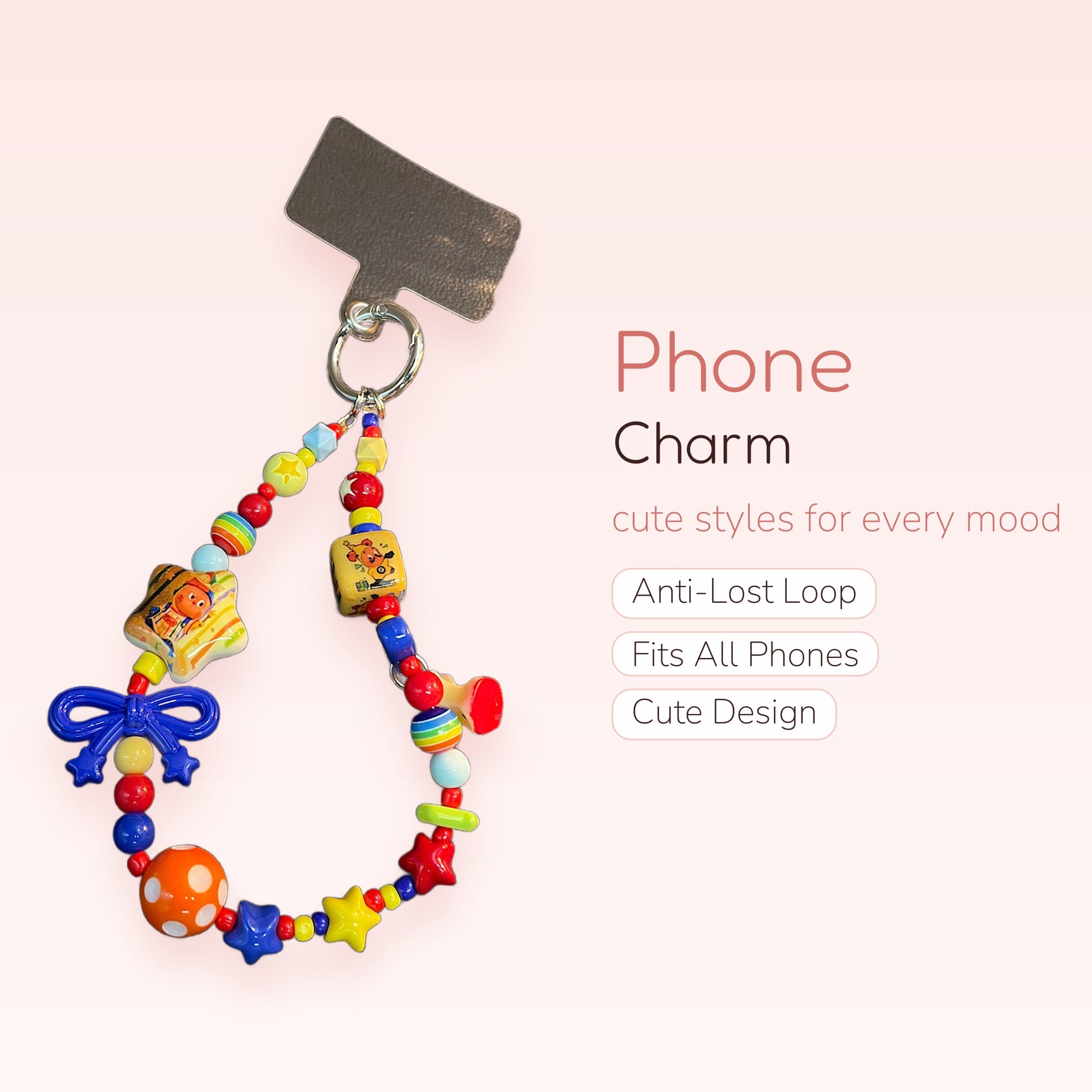 Kawaii Rainbow Beaded Phone Charm | Y2K Cartoon Character Wrist Strap
