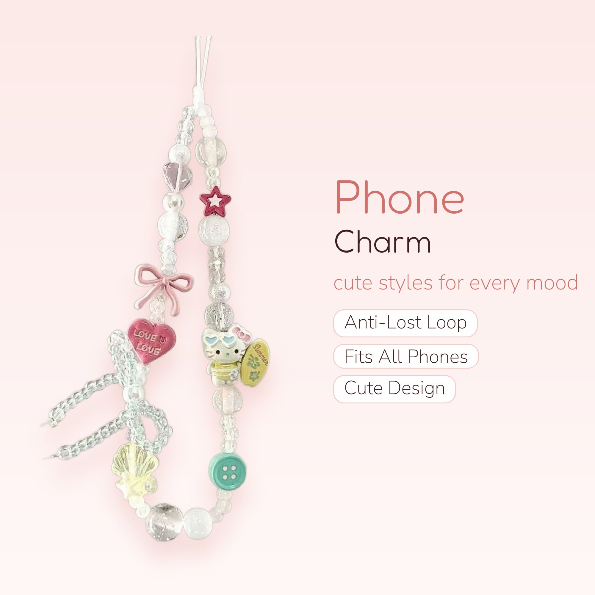 Kawaii Pastel Beaded Phone Charm Strap | Hello Kitty & Heart Wrist Lanyard