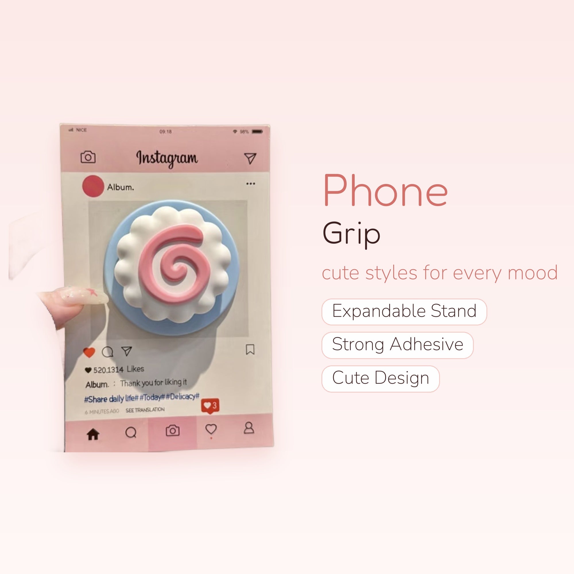 Cute Pink Swirl Cloud Phone Grip | Kawaii Pastel Blue Pop Socket Stand