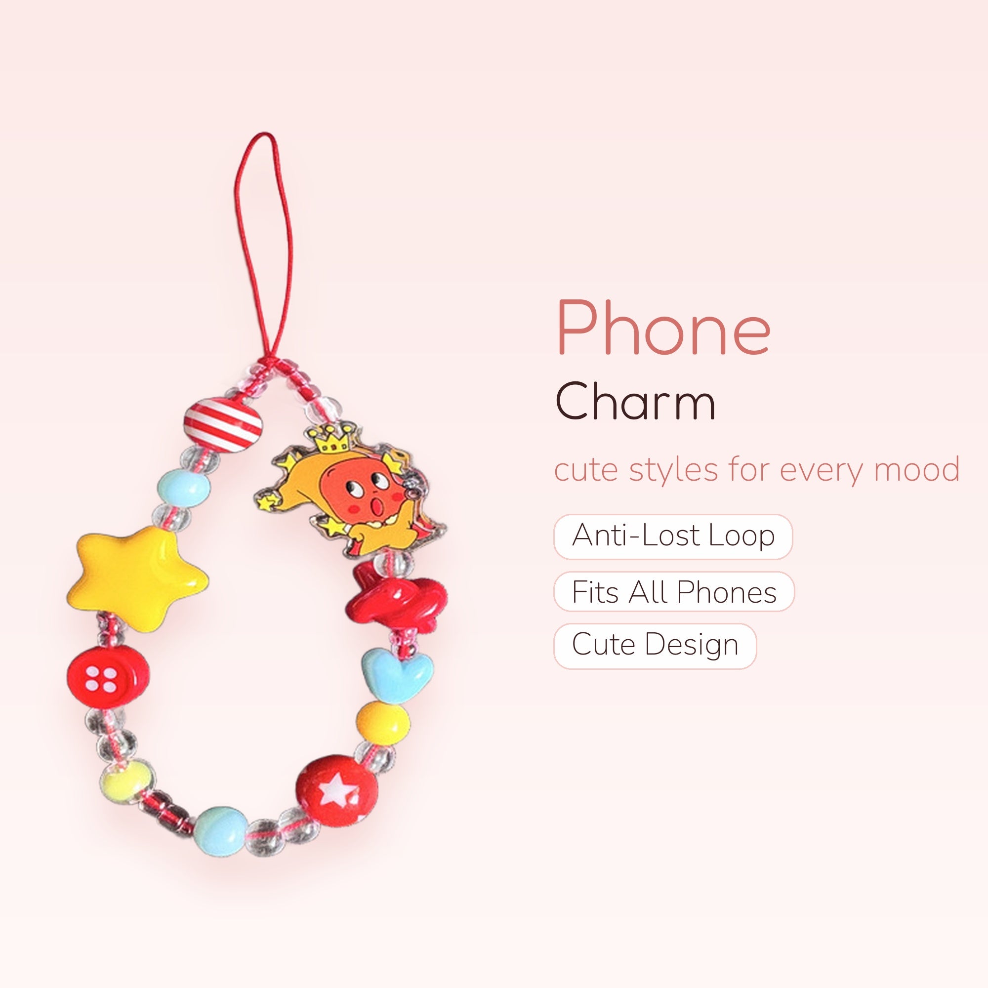 Cute Beaded Phone Charm Strap with Cartoon Character | Y2K Aesthetic Wrist Lanyard