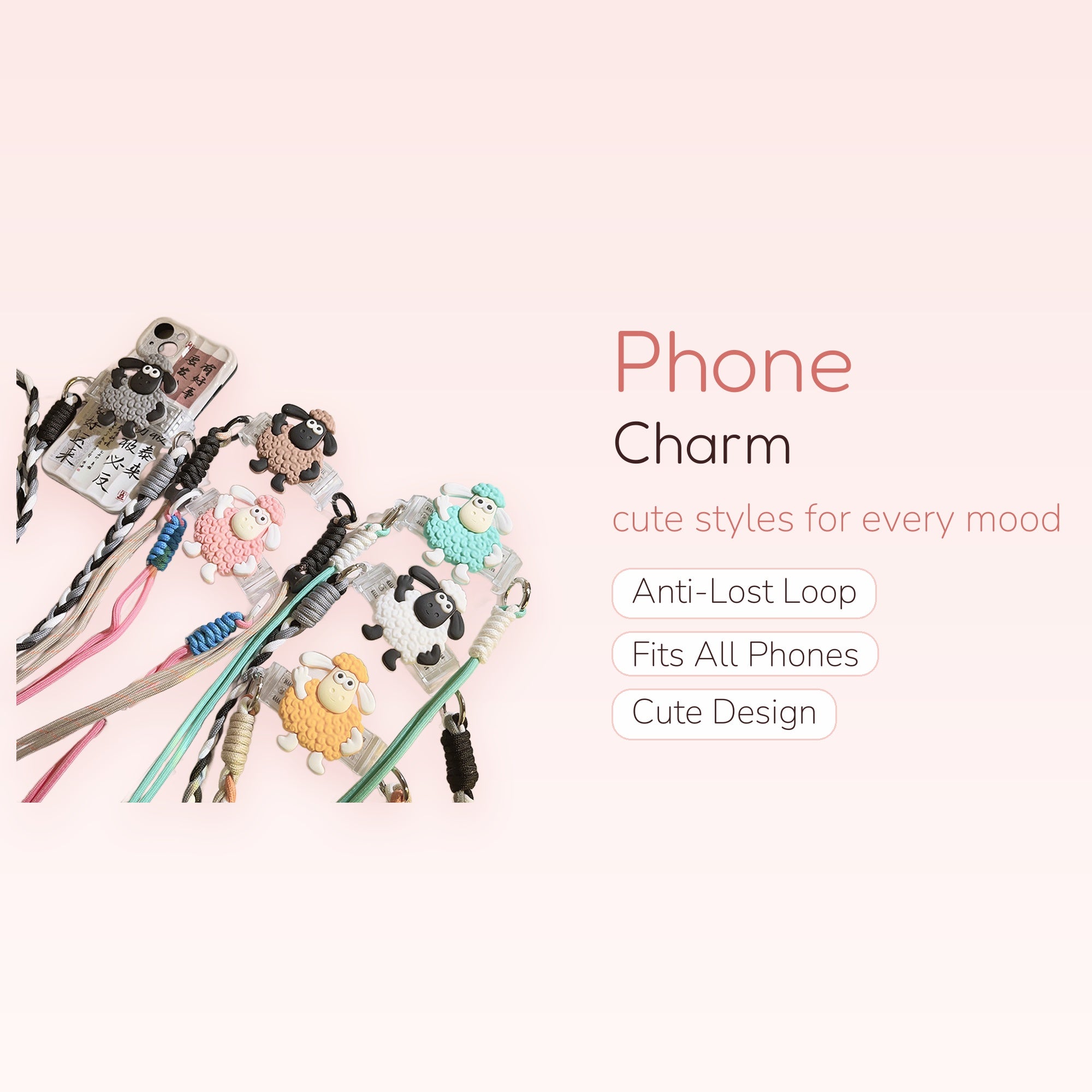 Cute Sheep Phone Charm Lanyard | Kawaii Cartoon Animal Wrist Strap