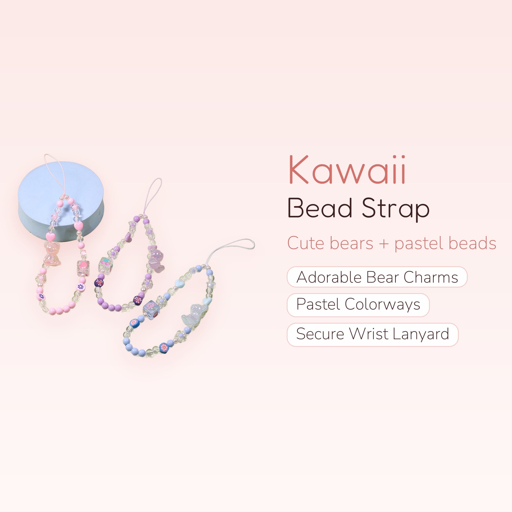 Kawaii Bear & Heart Bead Phone Charm Strap | Cute Wrist Lanyard