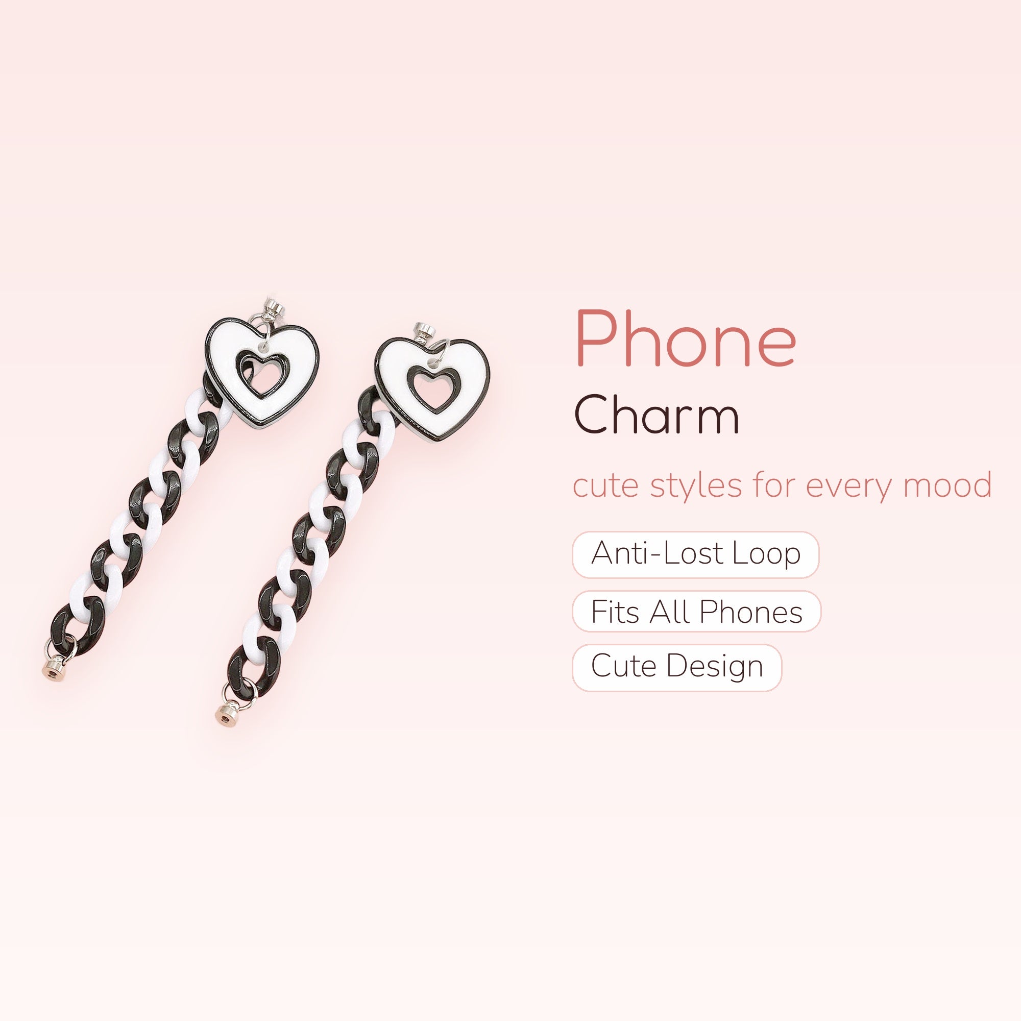 Aesthetic Black & White Heart Chain Phone Charm | Y2K Acrylic Strap Lanyard