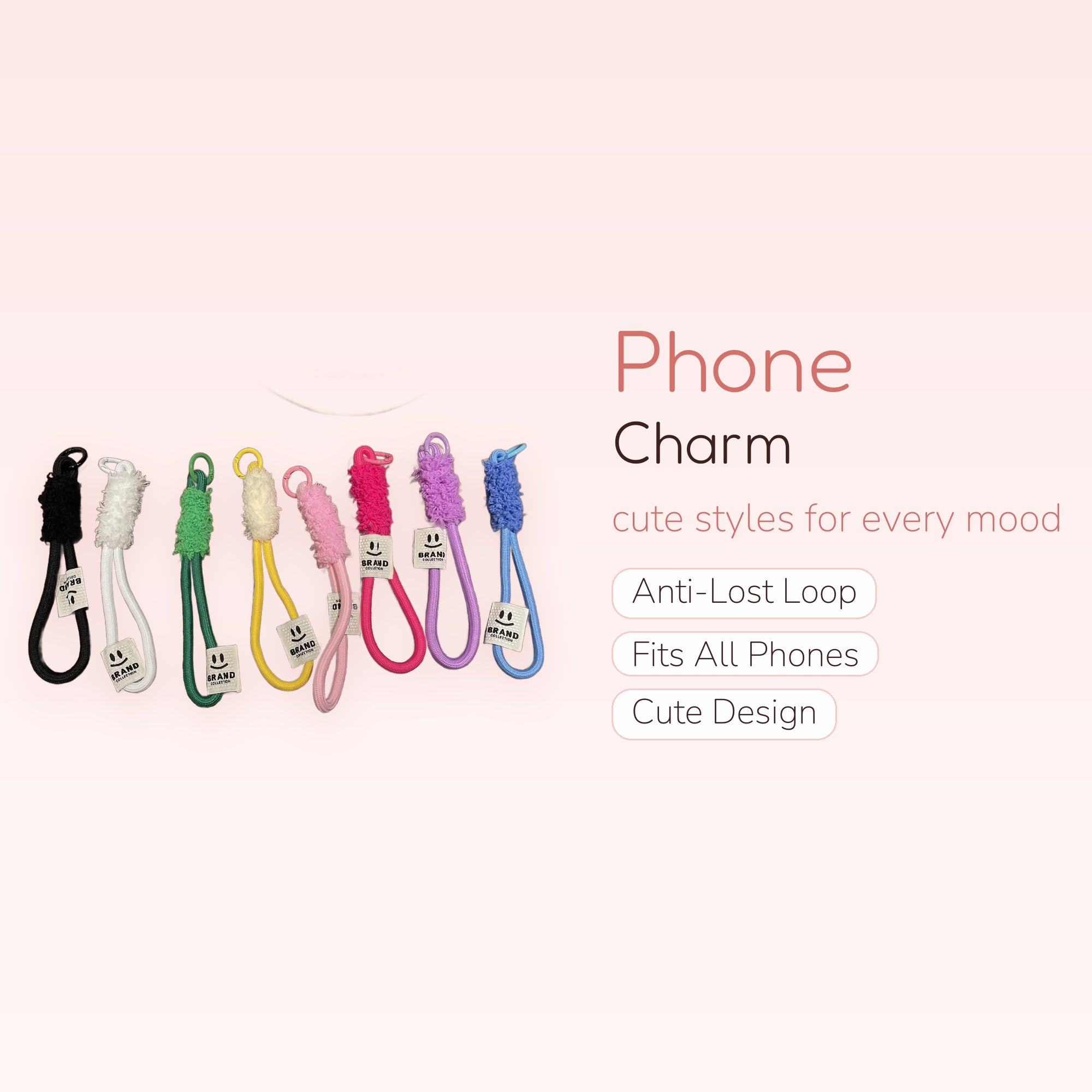 Fluffy Cord Phone Charm Straps | Colorful Wrist Lanyards with Smiley Face Tags