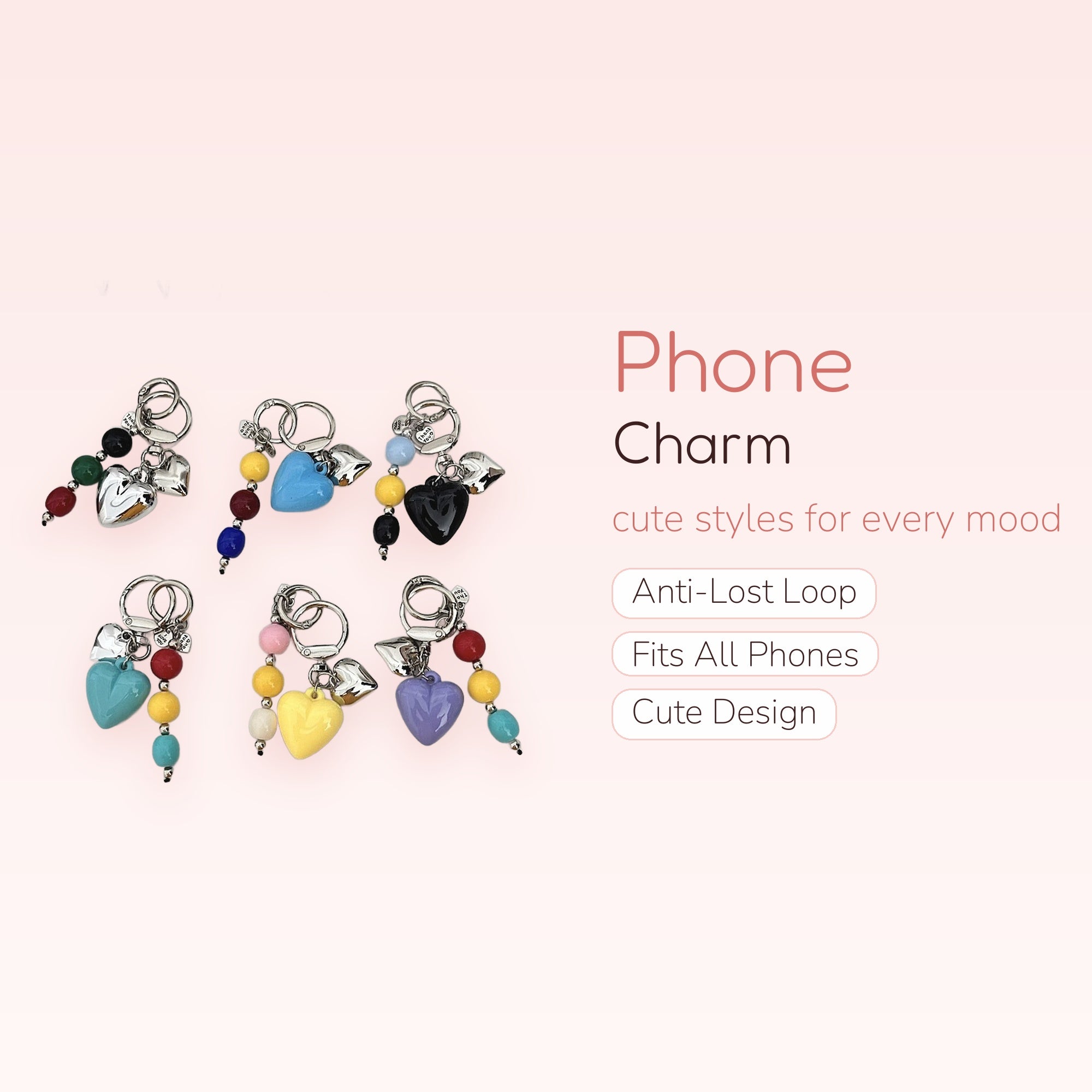 Chunky Heart & Colorful Beaded Phone Charm | Y2K Aesthetic Keychain Strap