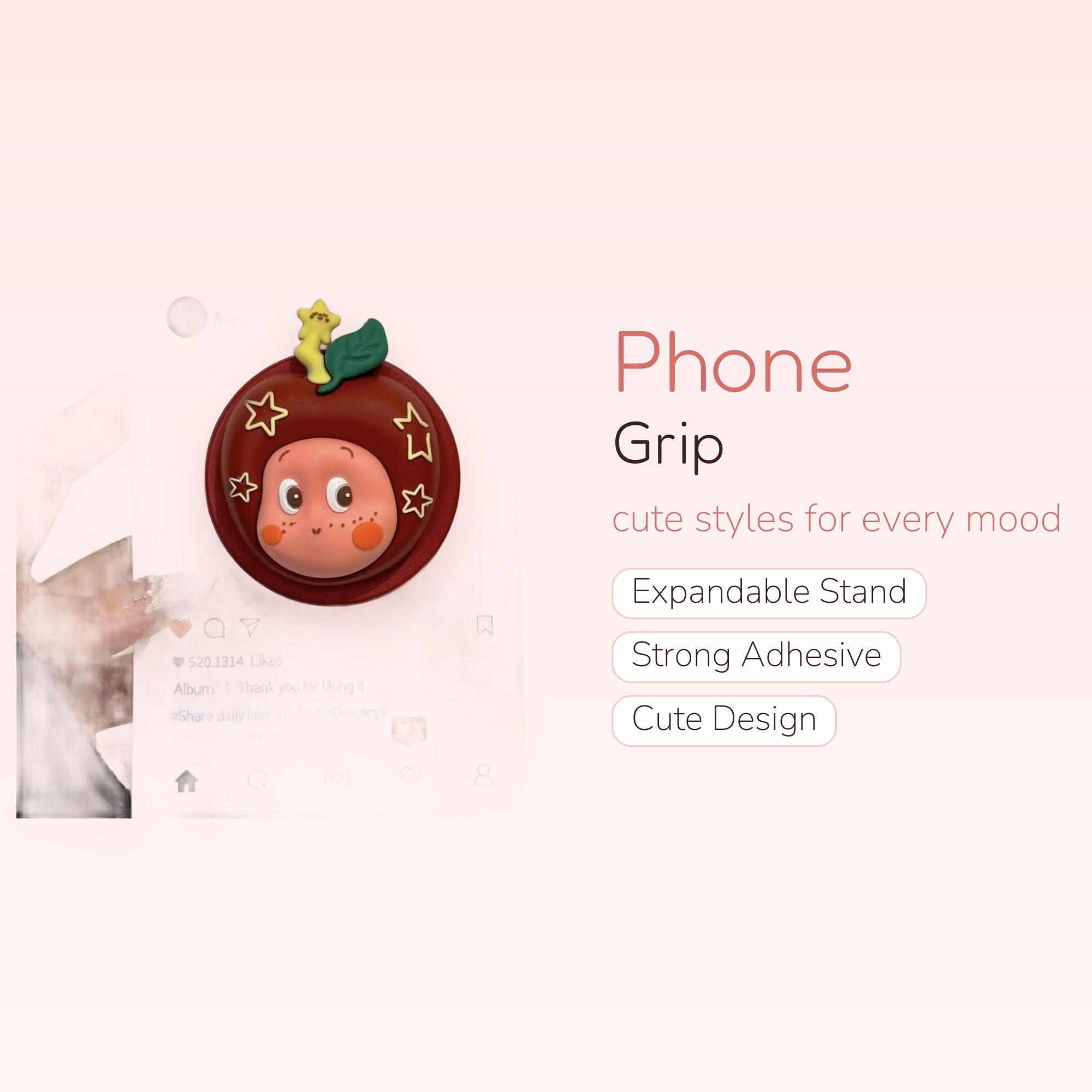 Kawaii Red Apple Character Phone Grip | Cute Fruit Pop Socket Stand