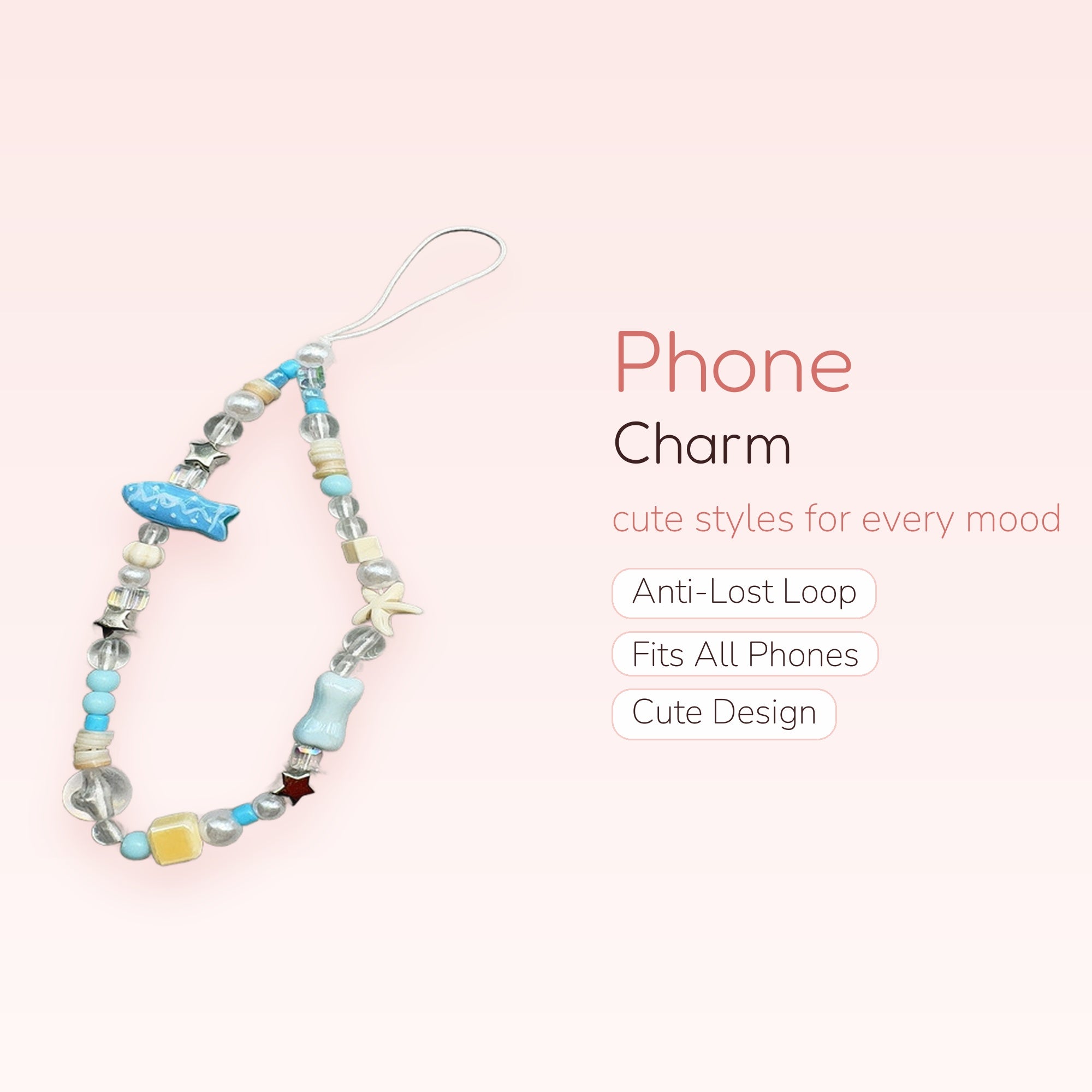 Aesthetic Blue & Clear Beaded Phone Charm | Ocean-Inspired Fish & Starfish Wrist Strap