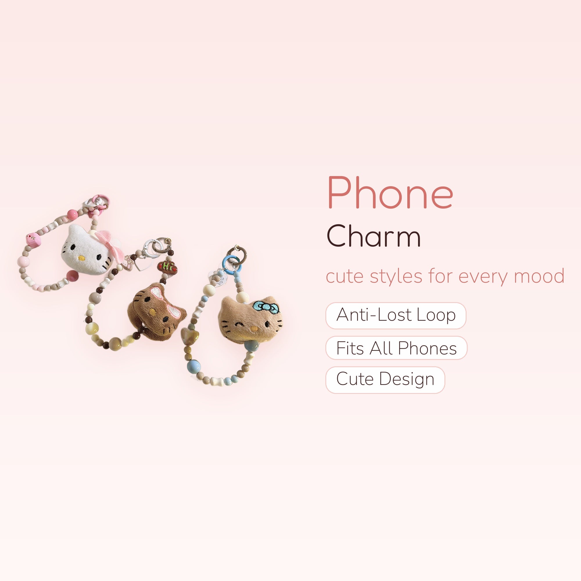 Kawaii Hello Kitty Plush Phone Charm Straps | Pastel Beaded Wrist Lanyards