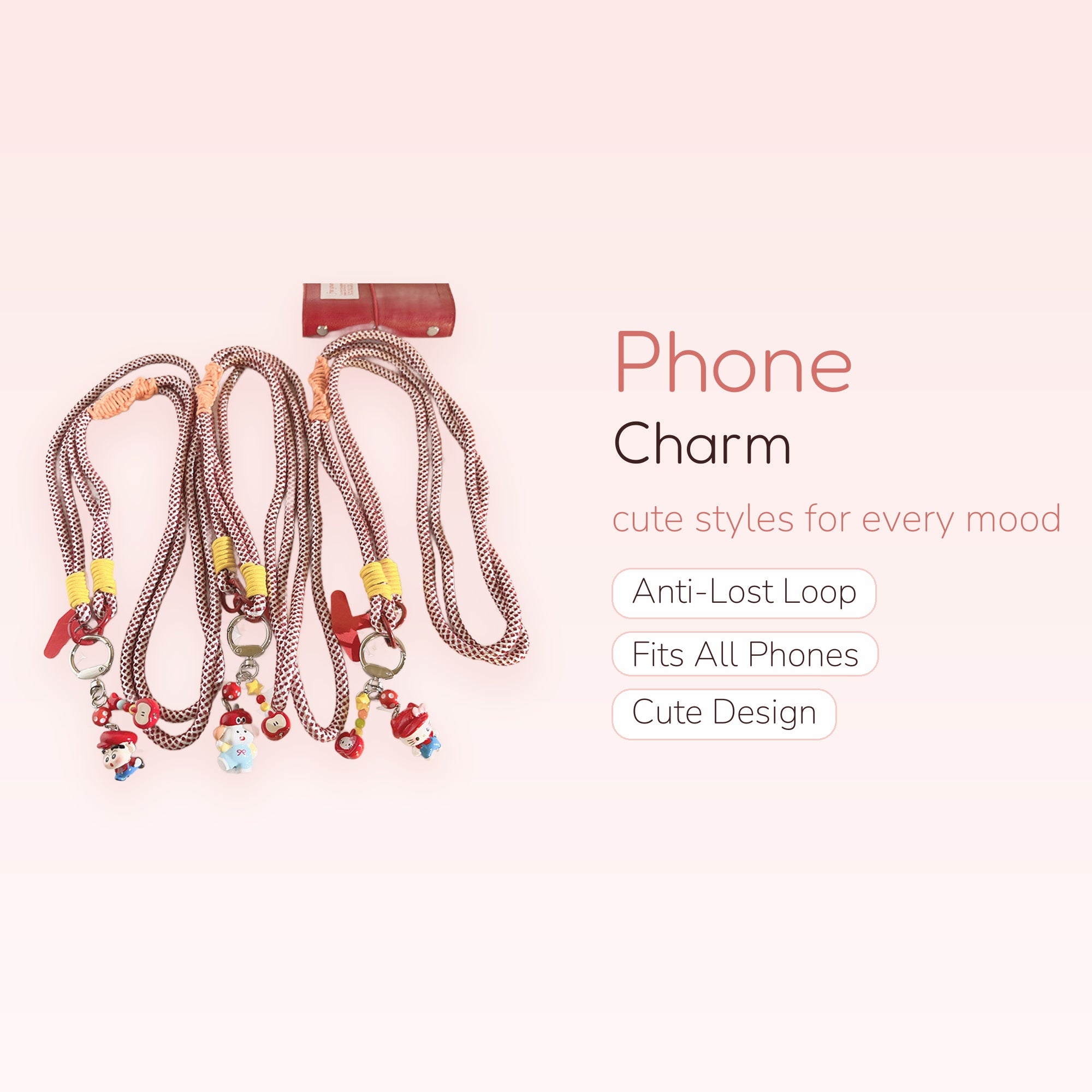 Kawaii Red & White Rope Phone Lanyard | Cute Character Charm Neck Strap