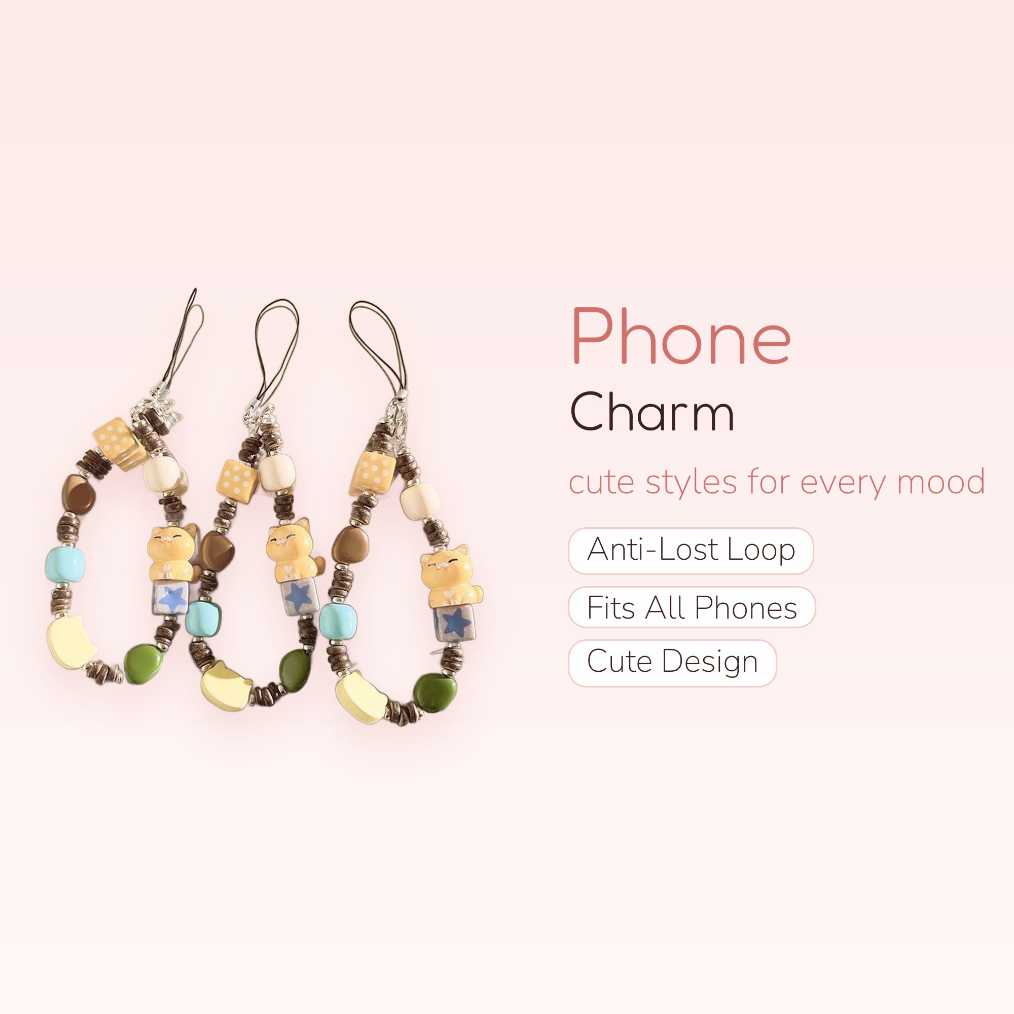 Cute Cat & Star Beaded Phone Charm Strap | Pastel Aesthetic Wrist Lanyard