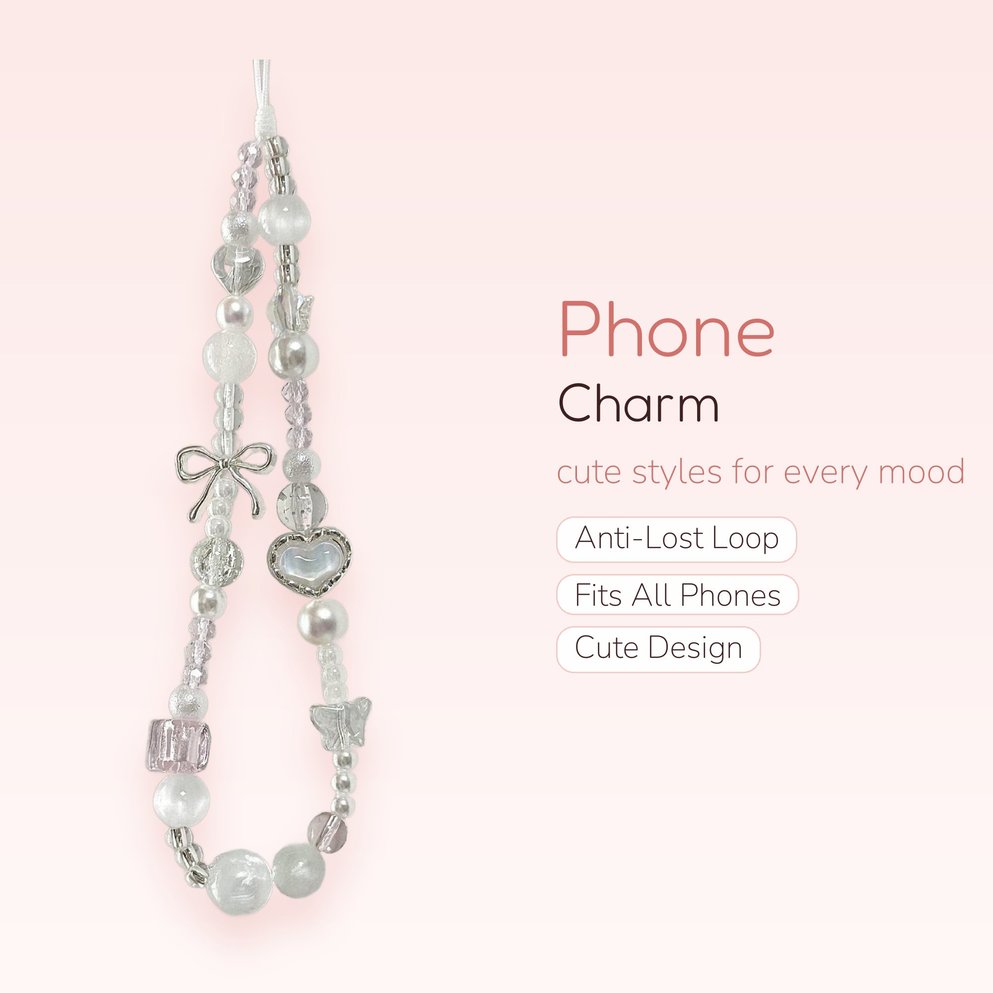 Kawaii Clear & Pink Beaded Phone Charm | Aesthetic Pearl & Bow Wrist Strap
