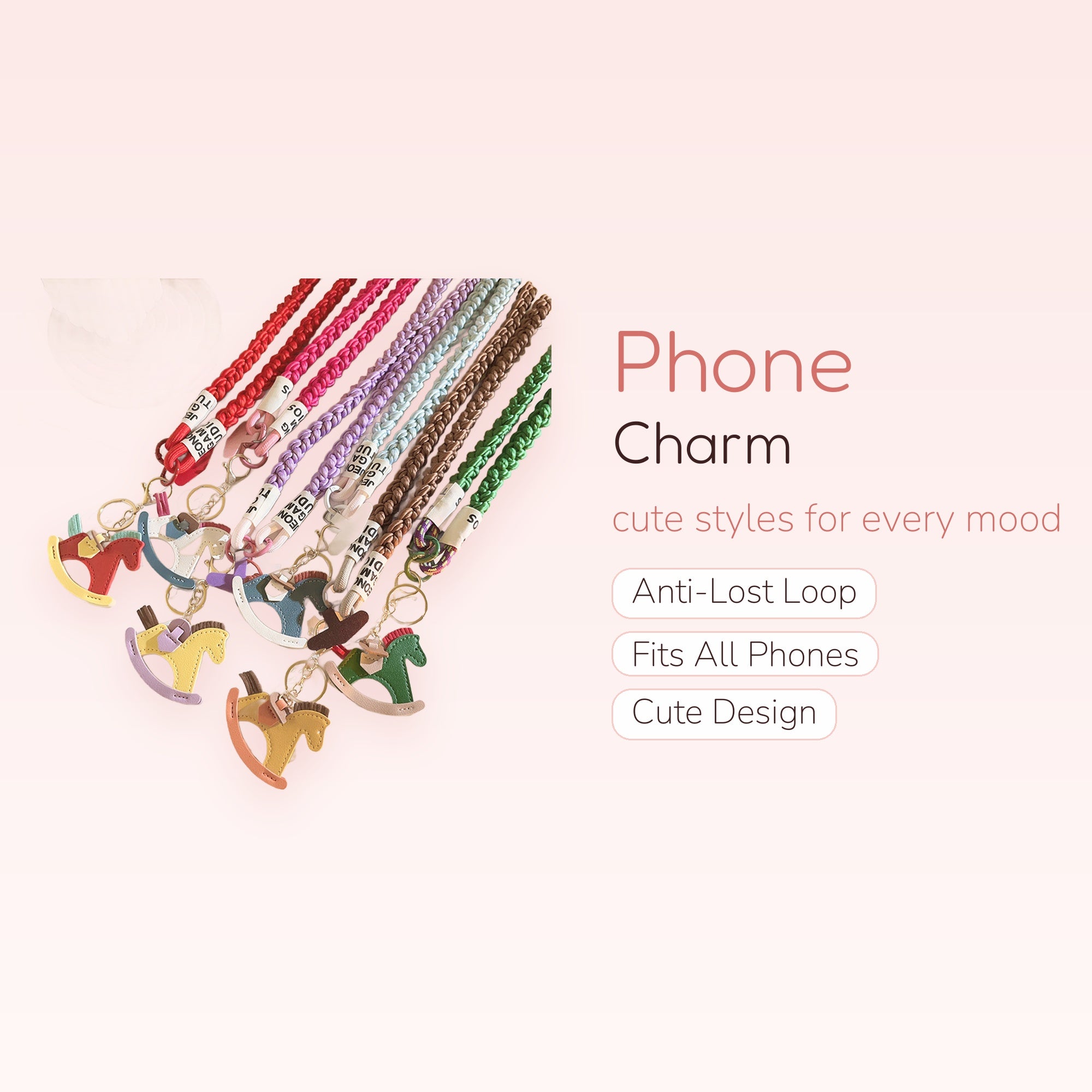 Kawaii Rocking Horse Phone Charm Strap | Braided Lanyard Keychain with Cute Charms