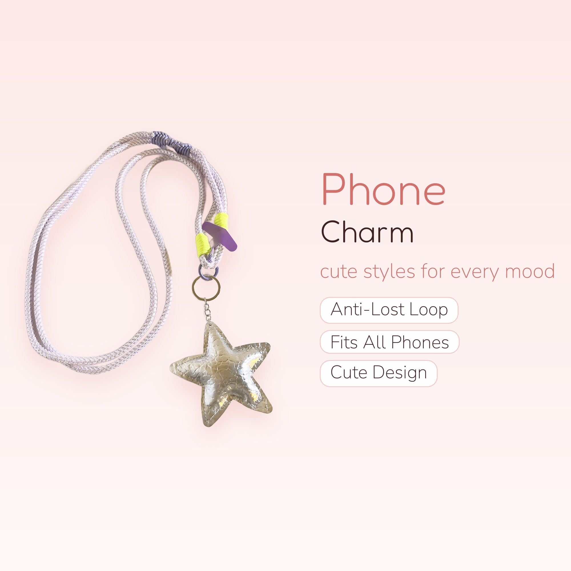 Pastel Lilac Braided Lanyard Phone Charm | Silver Star Keychain Strap