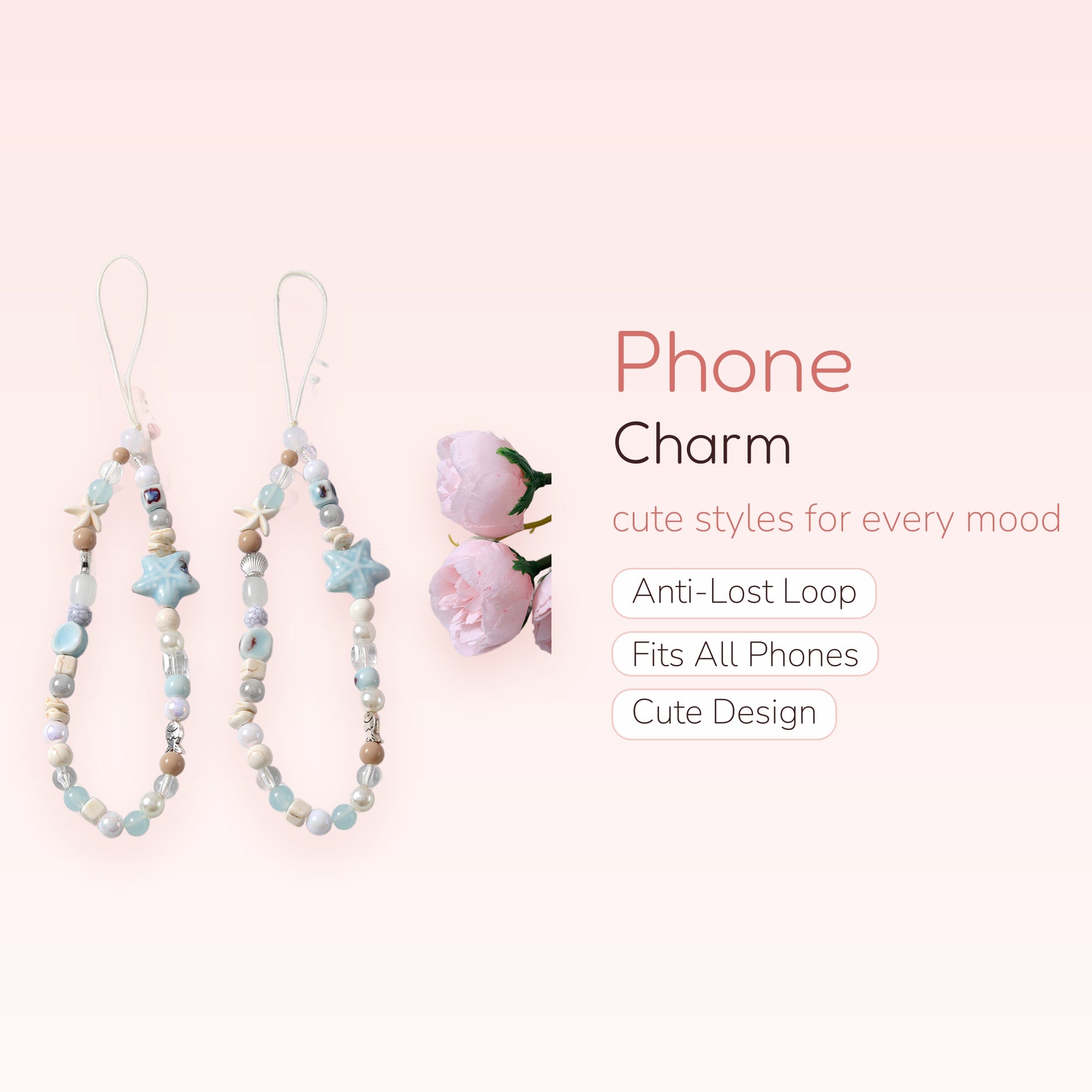 Aesthetic Starfish & Seashell Phone Charm Strap | Pastel Beaded Wrist Lanyard
