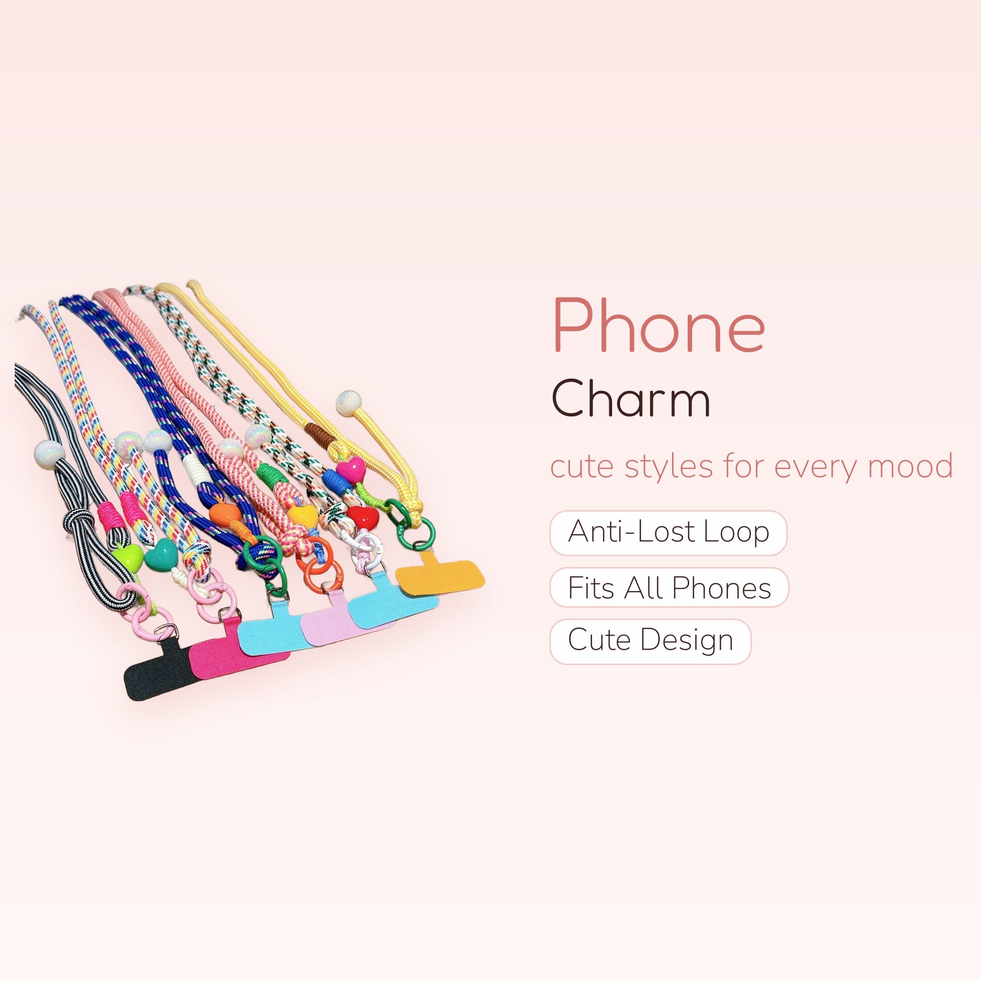 Colorful Braided Rope Phone Charm Lanyard | Cute Heart & Pearl Wrist Strap