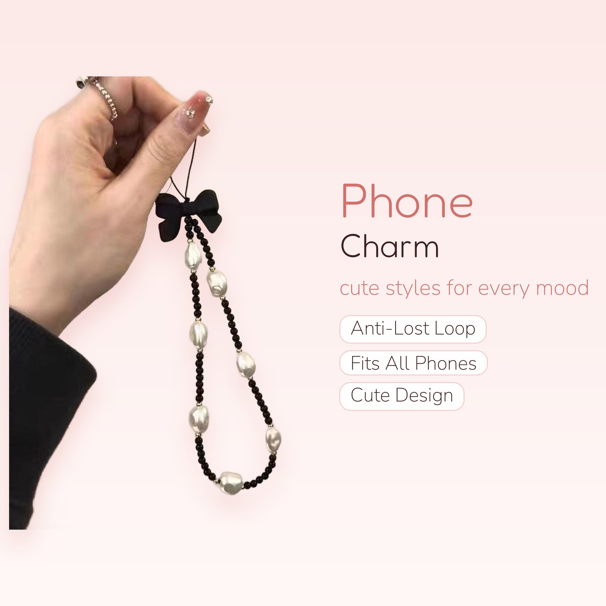 Black Bow & Baroque Pearl Phone Charm | Aesthetic Beaded Phone Lanyard