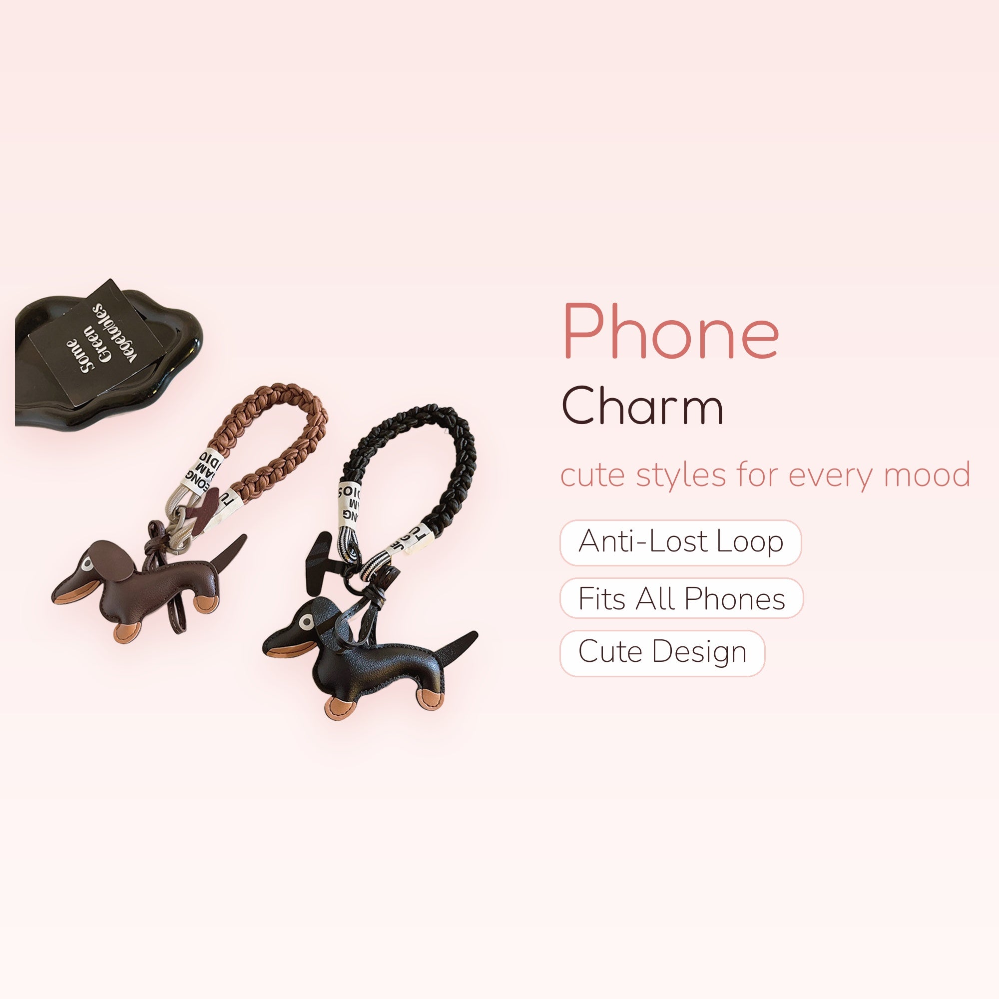 Cute Dachshund Dog Phone Charm Strap | Braided Wrist Lanyard Keychain