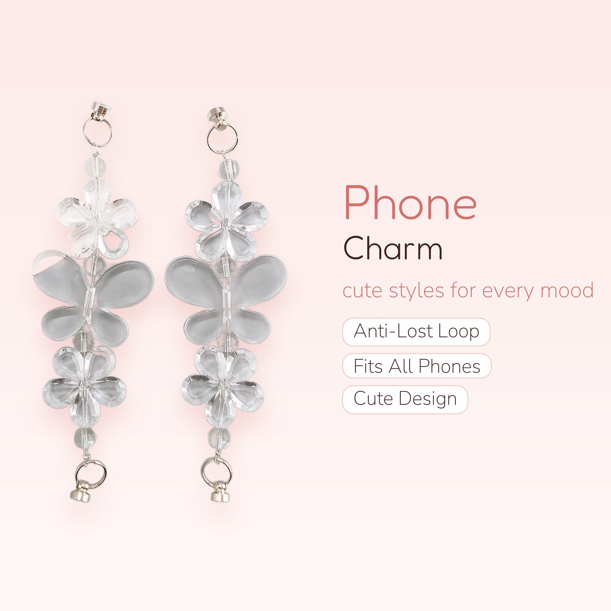 Clear Butterfly & Flower Phone Charm | Aesthetic Beaded Lanyard Strap