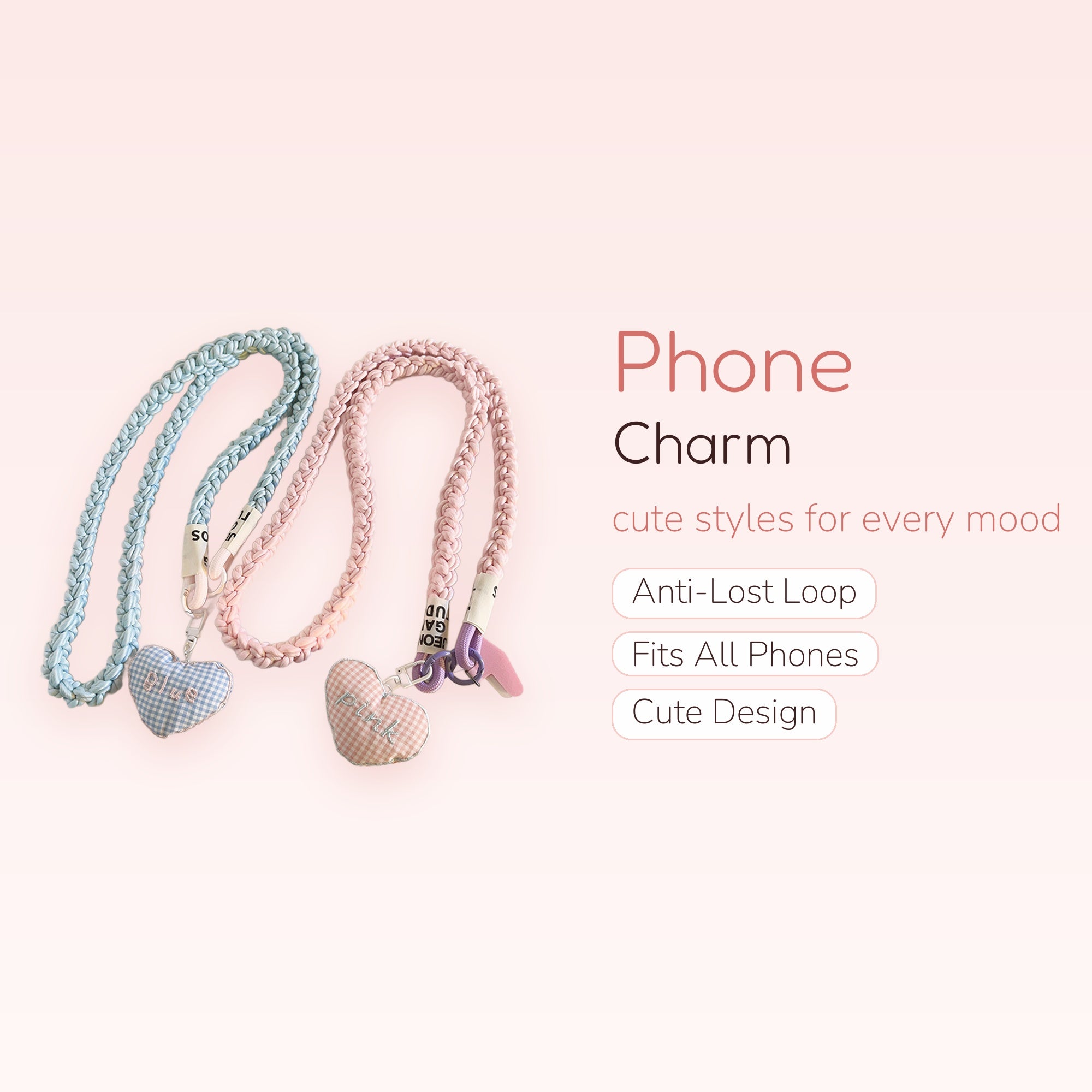 Cute Braided Lanyard Phone Charm with Gingham Heart Pendant | Pastel Wrist Strap