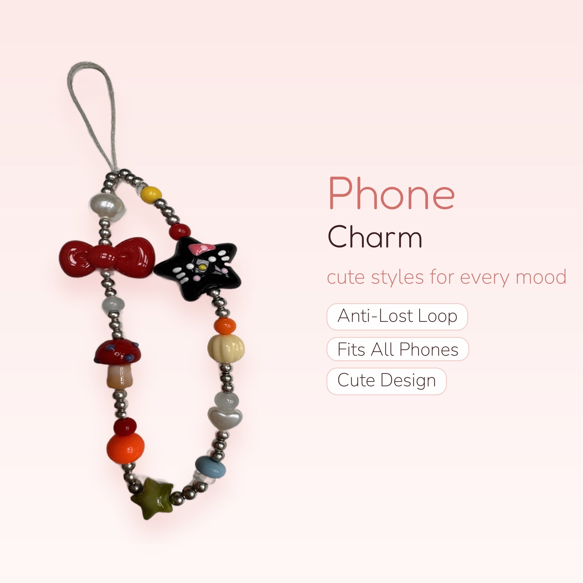 Kawaii Mushroom & Kitty Phone Charm | Beaded Wrist Strap with Red Bow