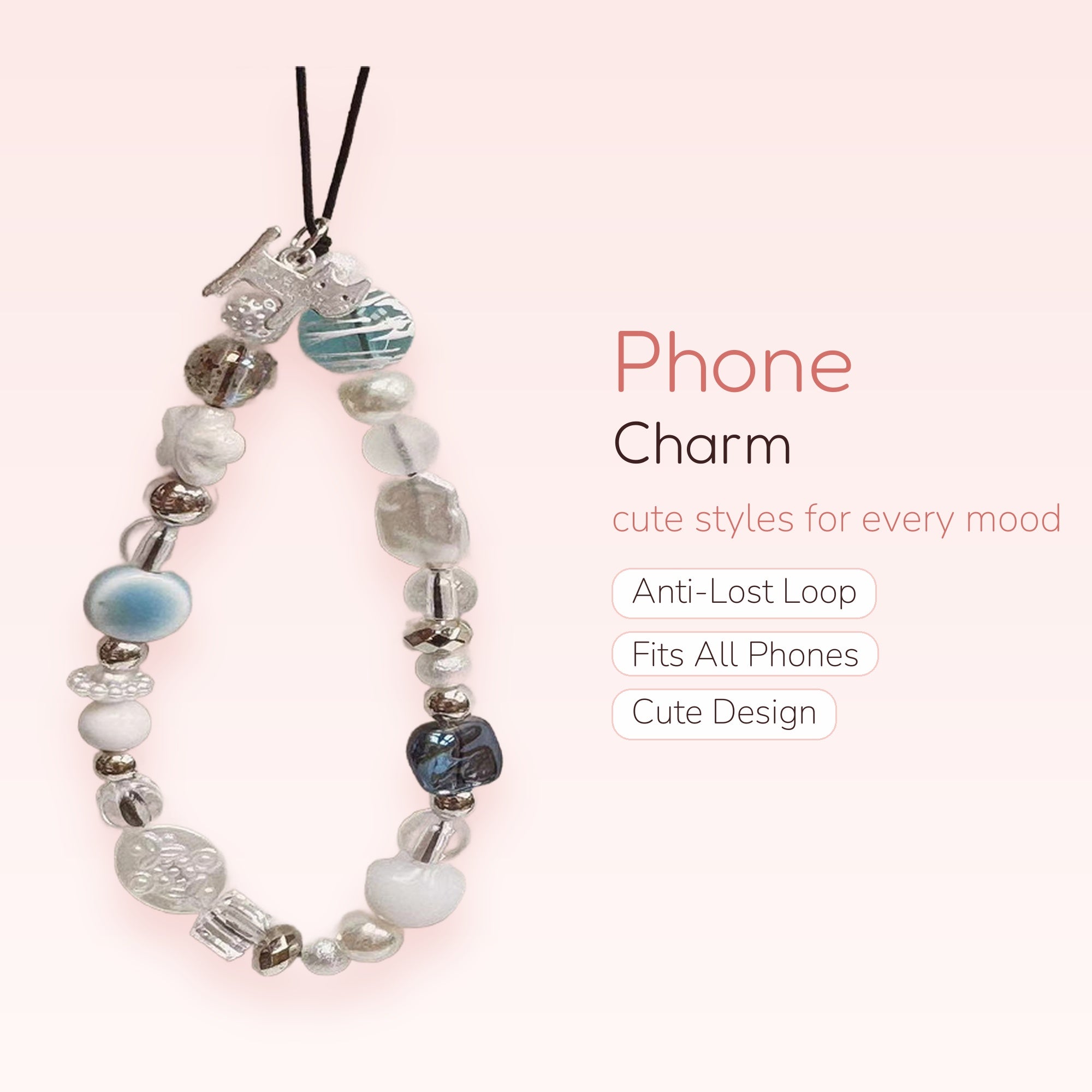 Aesthetic Clear & Blue Beaded Phone Charm | Kawaii Pearl & Silver Wrist Strap