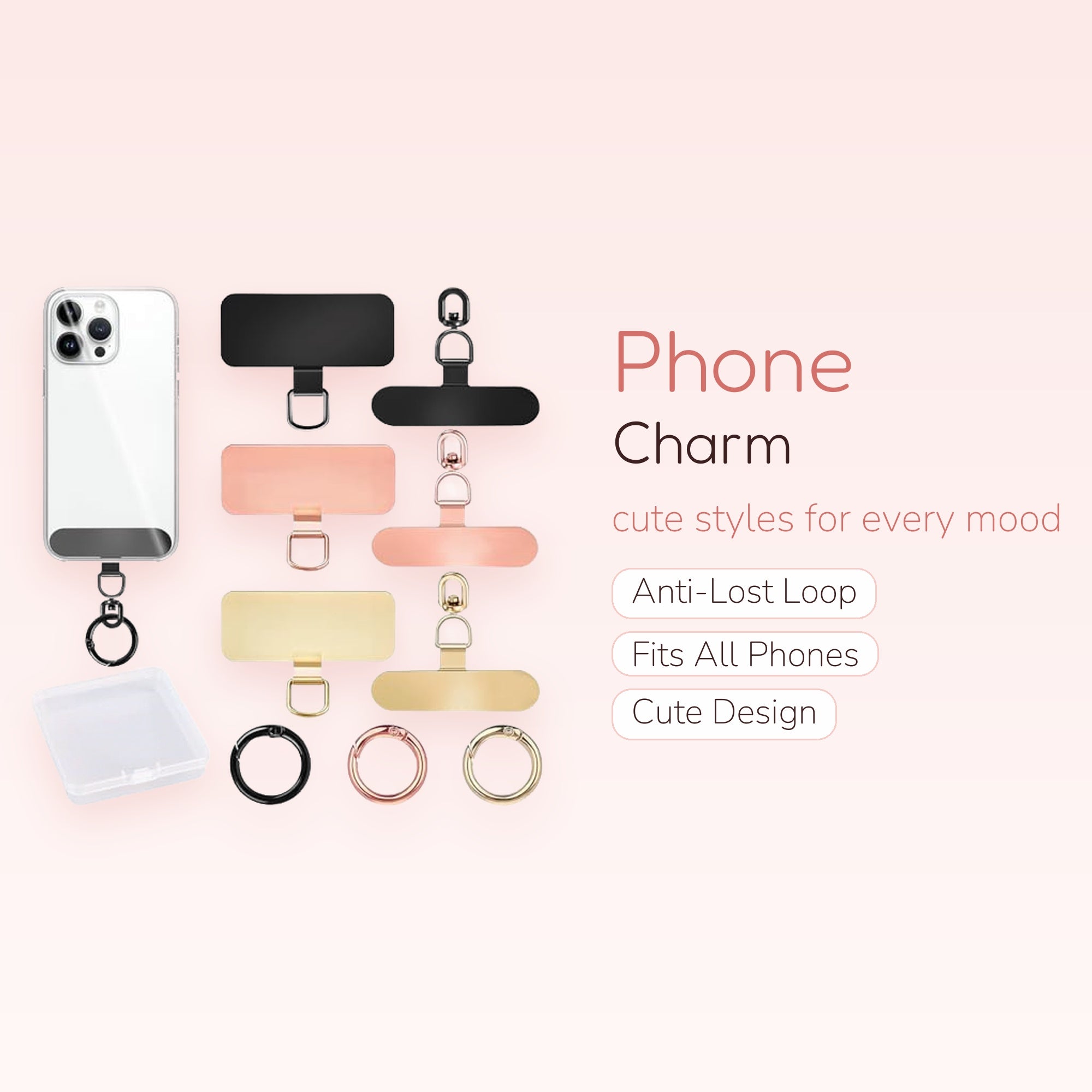 Metallic Phone Charm Tether Tabs with D-Ring & Swivel Hooks | Universal Lanyard Patch