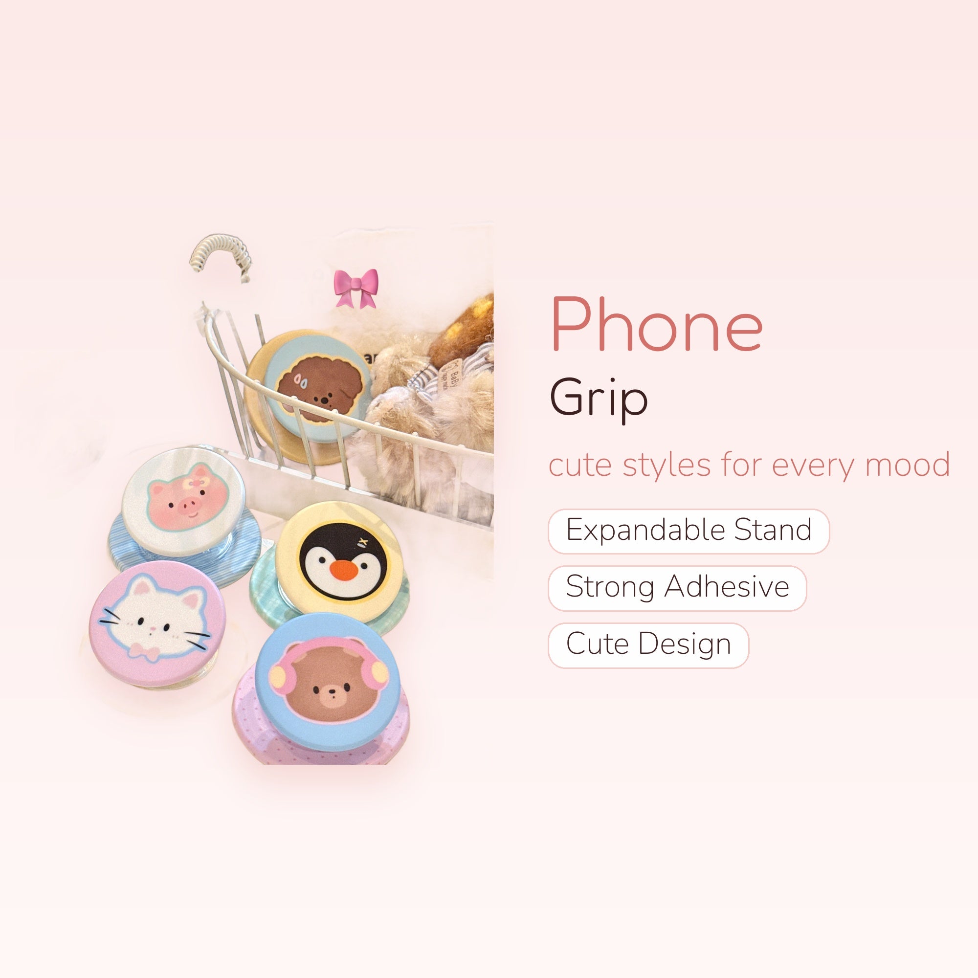 Kawaii Animal Face Phone Grip | Cute Expandable Pop Socket Stand