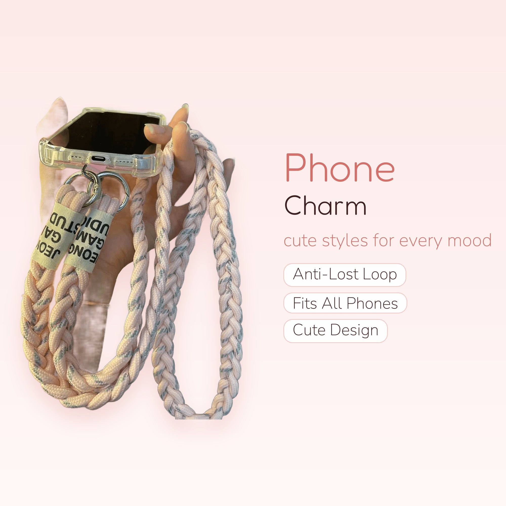 Pink Braided Rope Phone Charm Lanyard | Aesthetic Crossbody Strap
