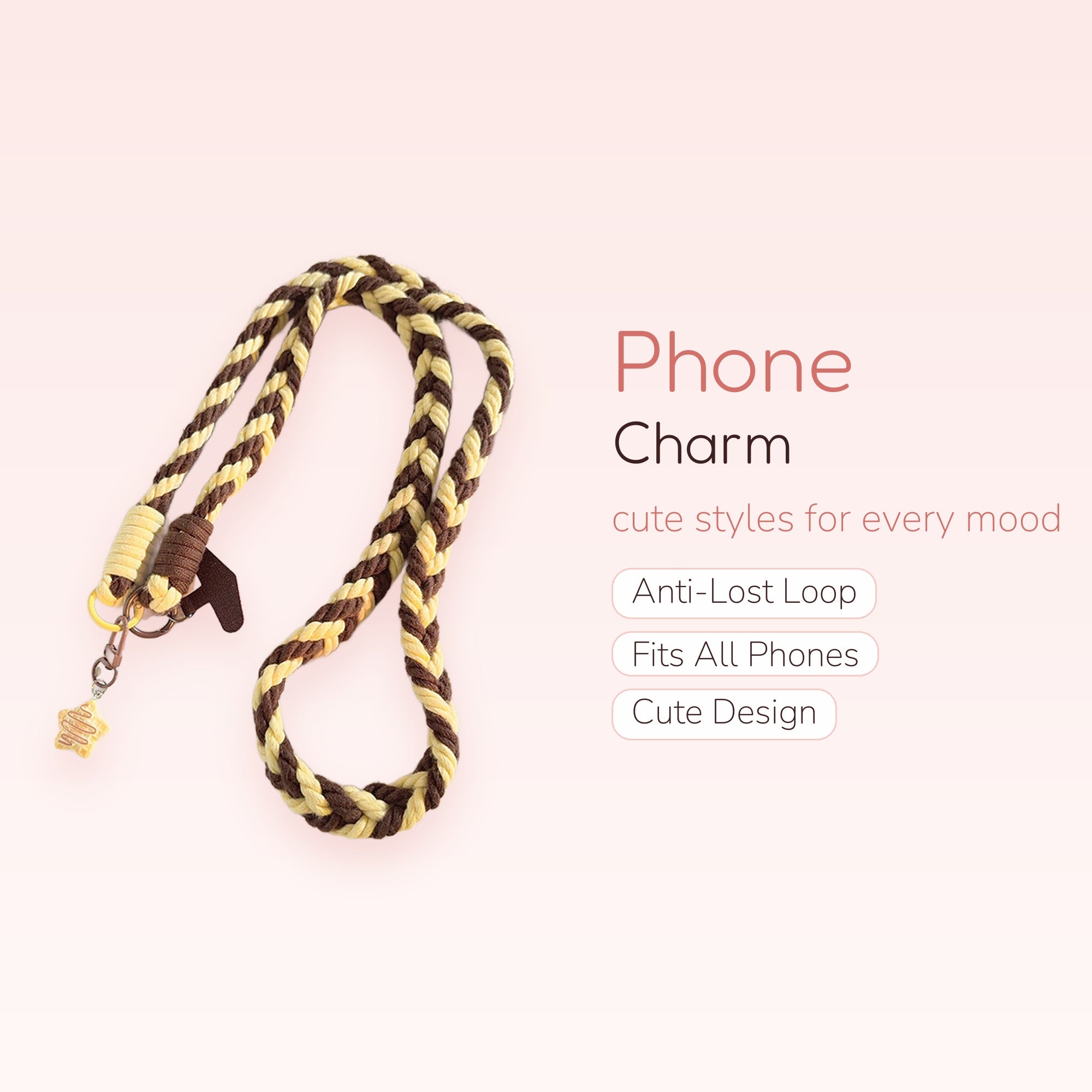 Braided Brown & Cream Lanyard Phone Charm | Aesthetic Woven Wrist Strap with Cookie Charm