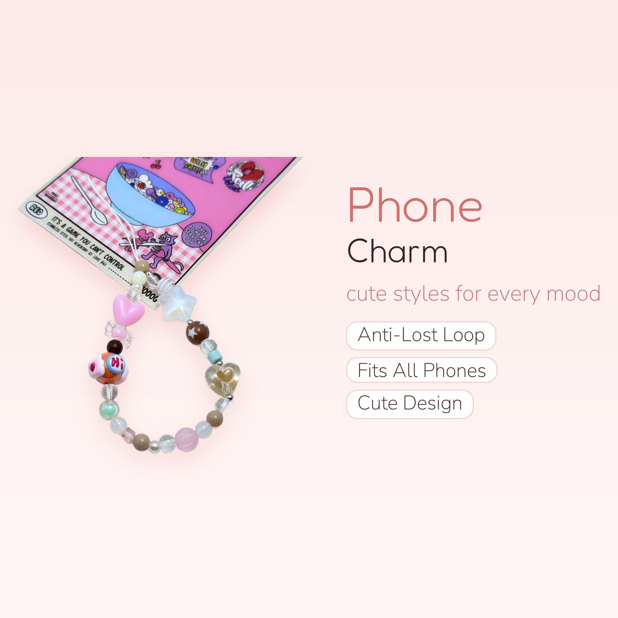 Kawaii Pastel Beaded Phone Charm Strap | Cute Heart & Star Wrist Lanyard
