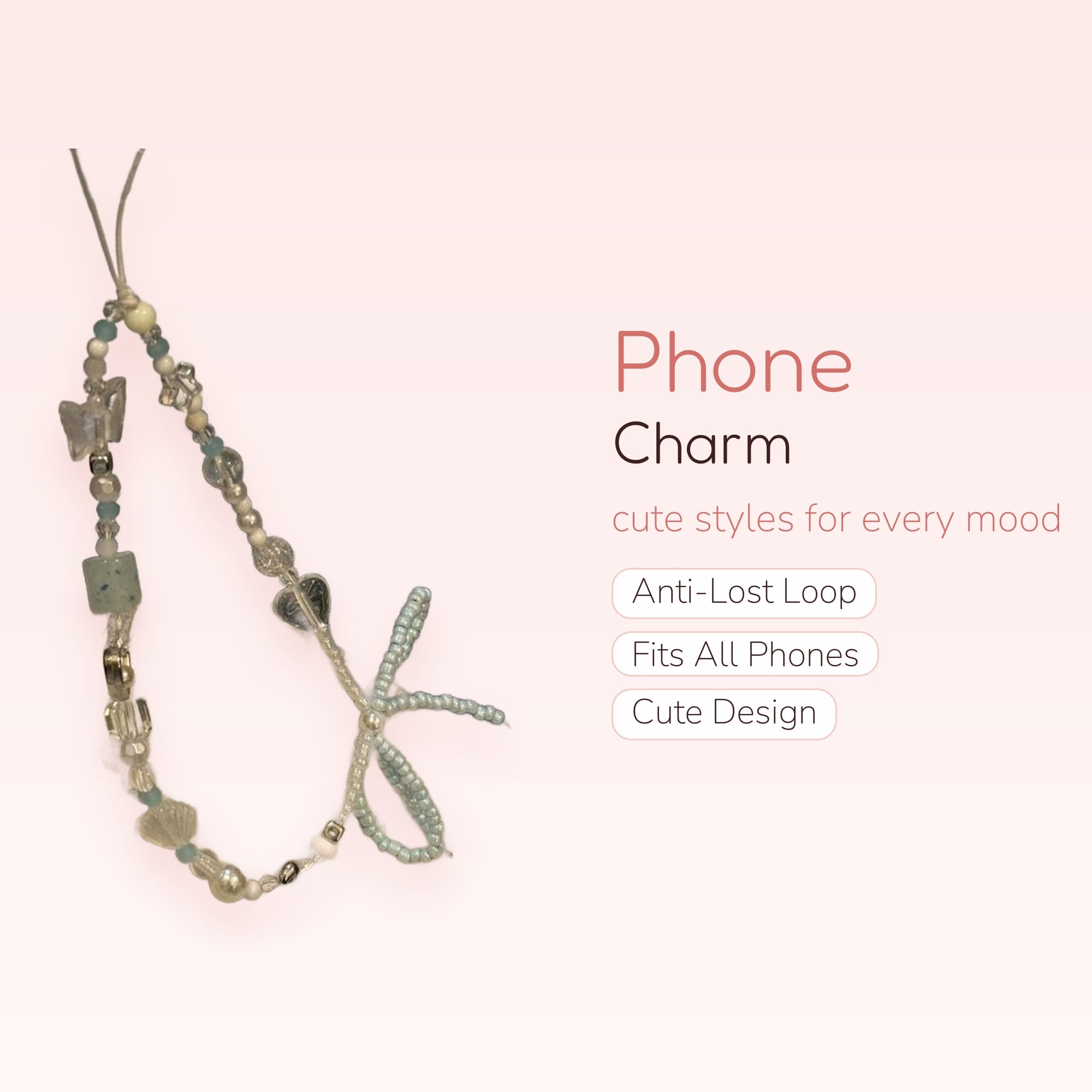 Pastel Blue & Clear Beaded Phone Charm | Kawaii Butterfly & Heart Wrist Strap